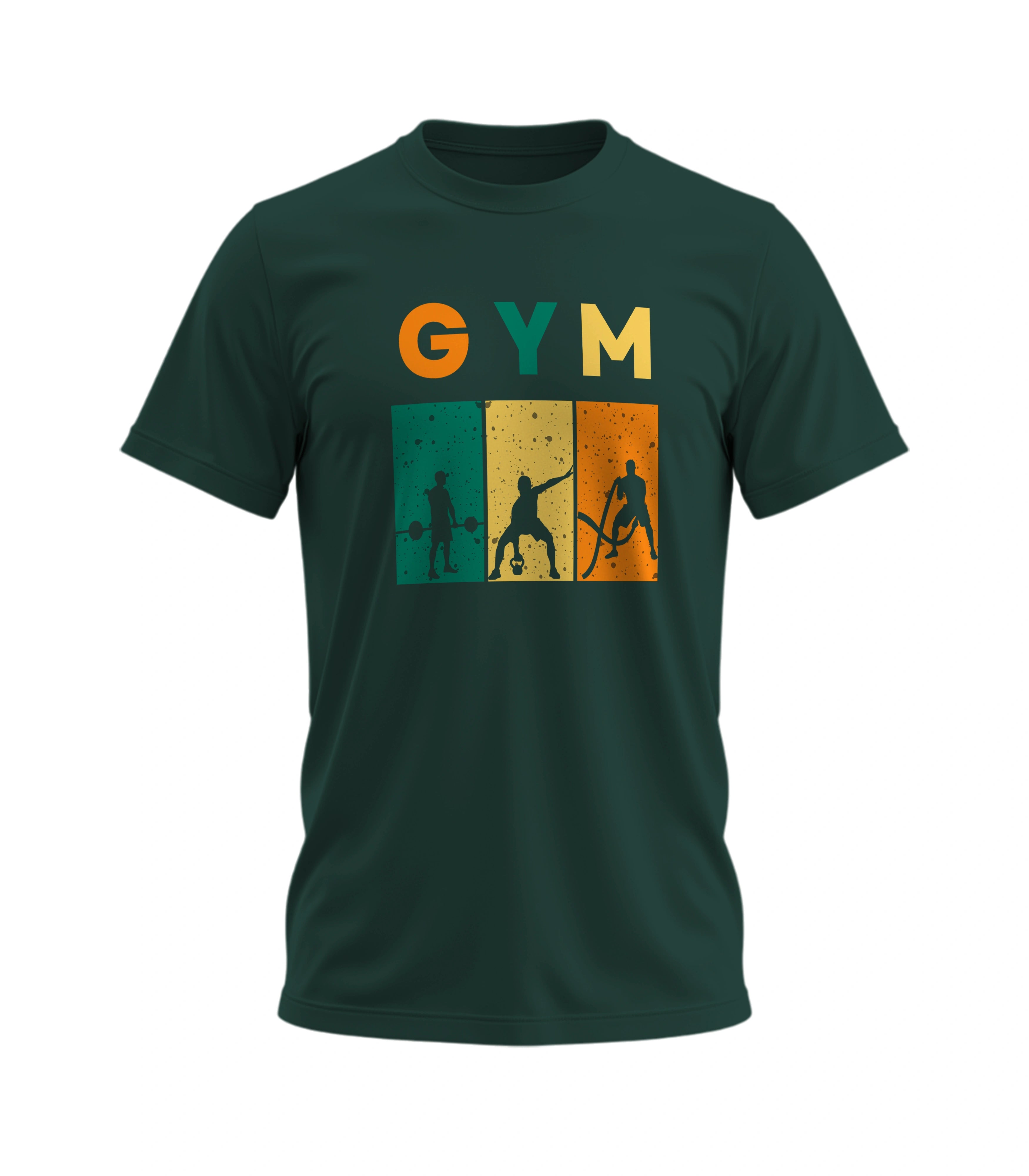 Green t-shirt with 'GYM' graphic design on a white background