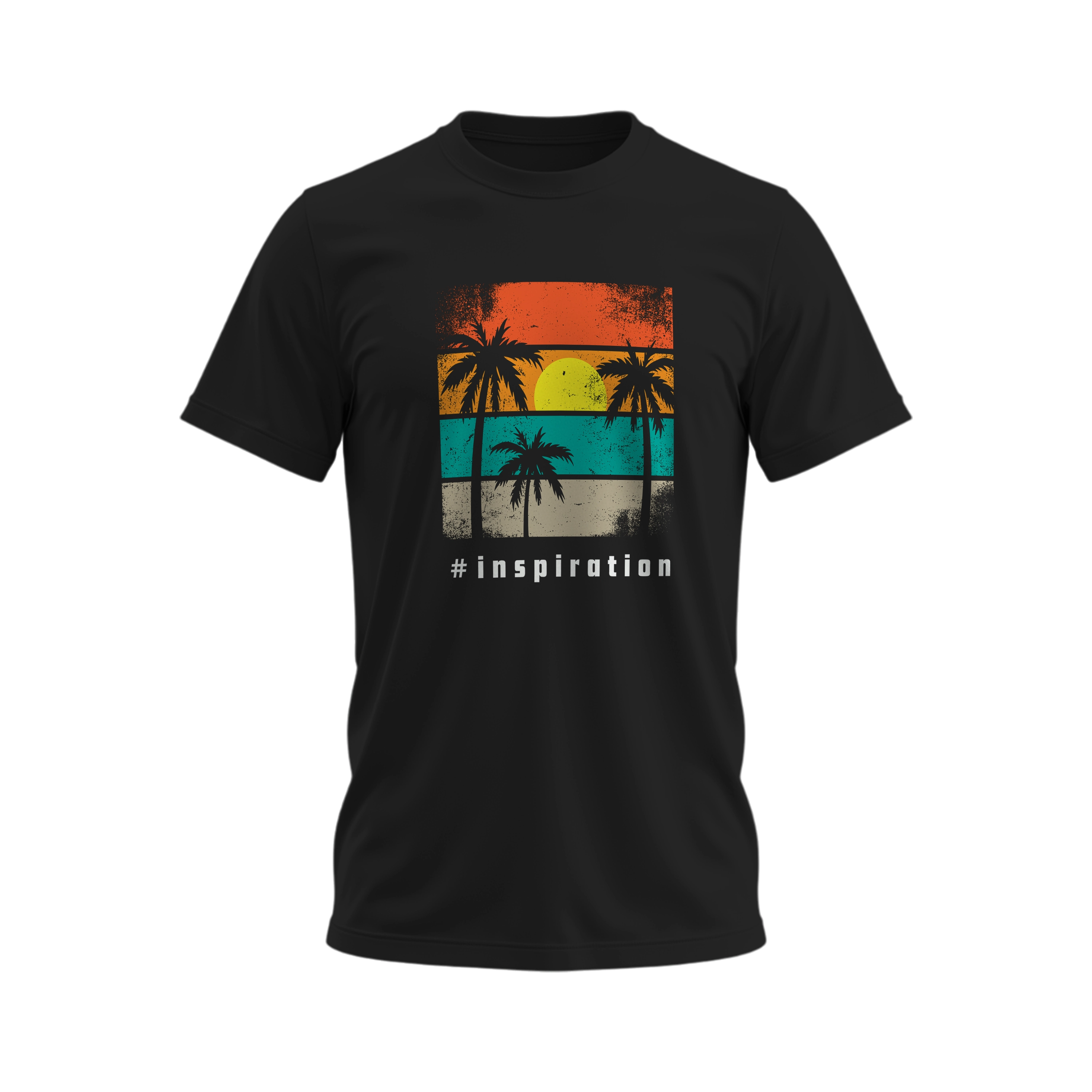 Black t-shirt with a colorful palm tree design and '#inspiration' text on a white background