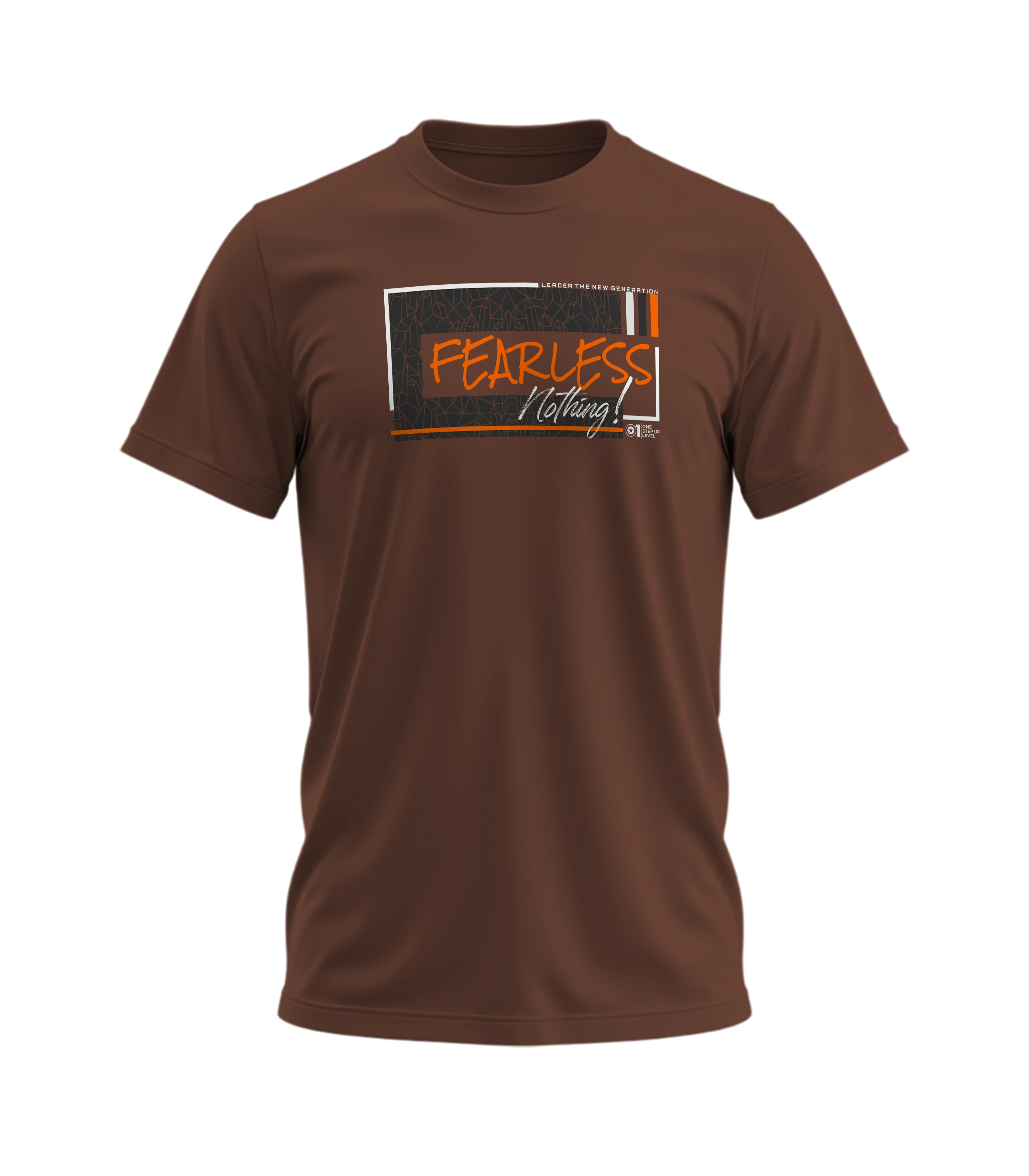 Brown t-shirt with 'FEARLESS Nothing' text on a white background