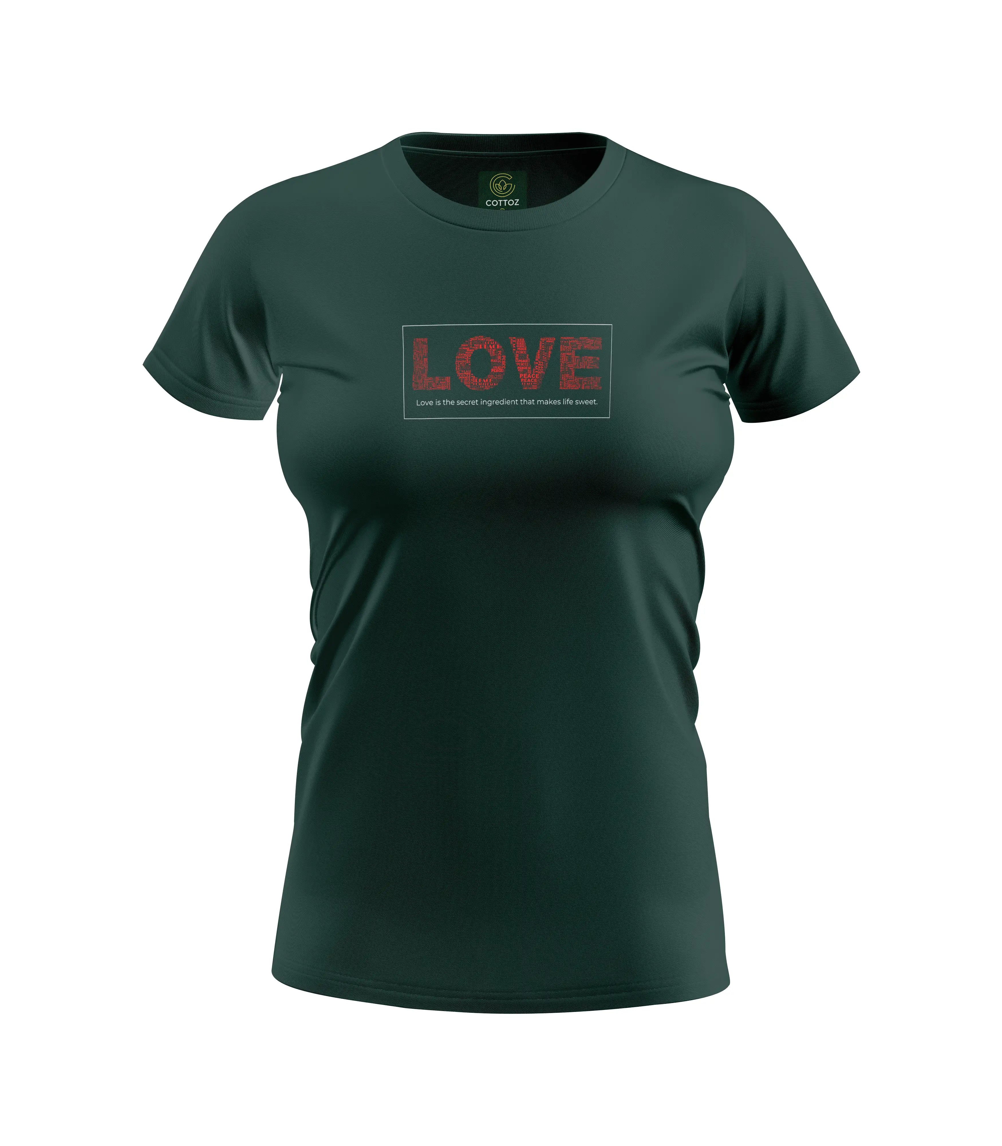 Green t-shirt with 'LOVE' print on a white background