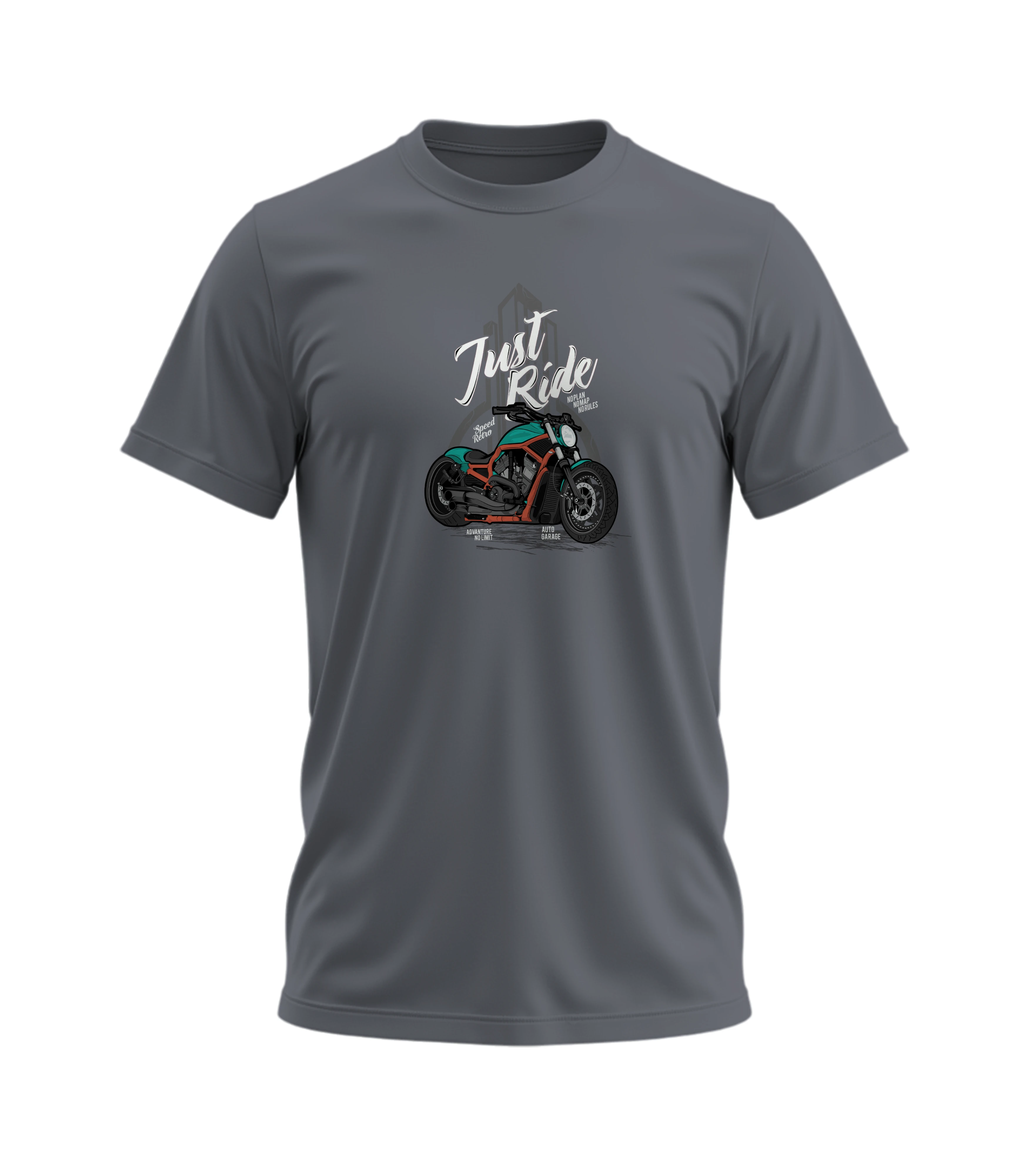 Gray t-shirt with a motorcycle graphic and 'Just Ride' text on a white background