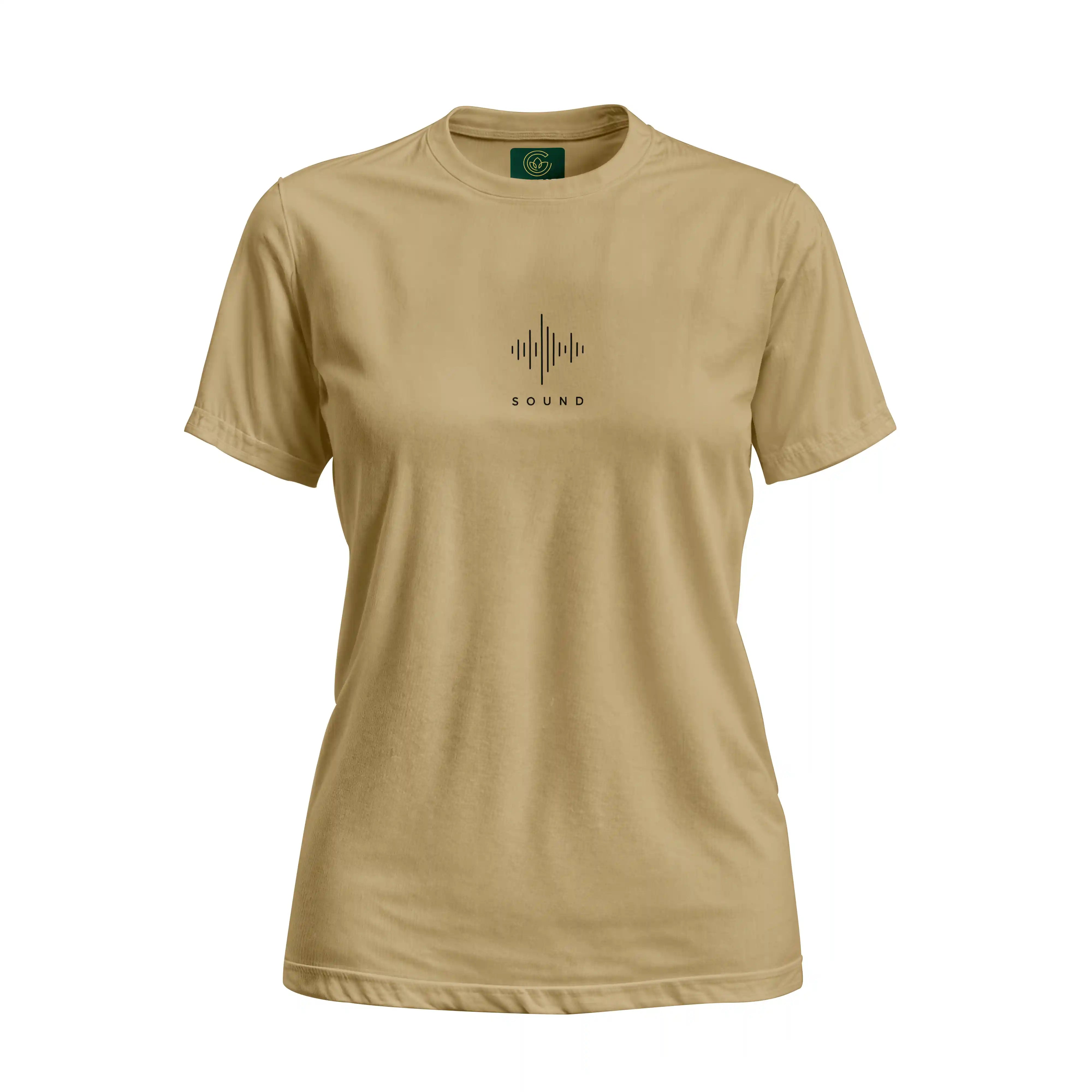 Beige t-shirt with a black graphic and text on a white background