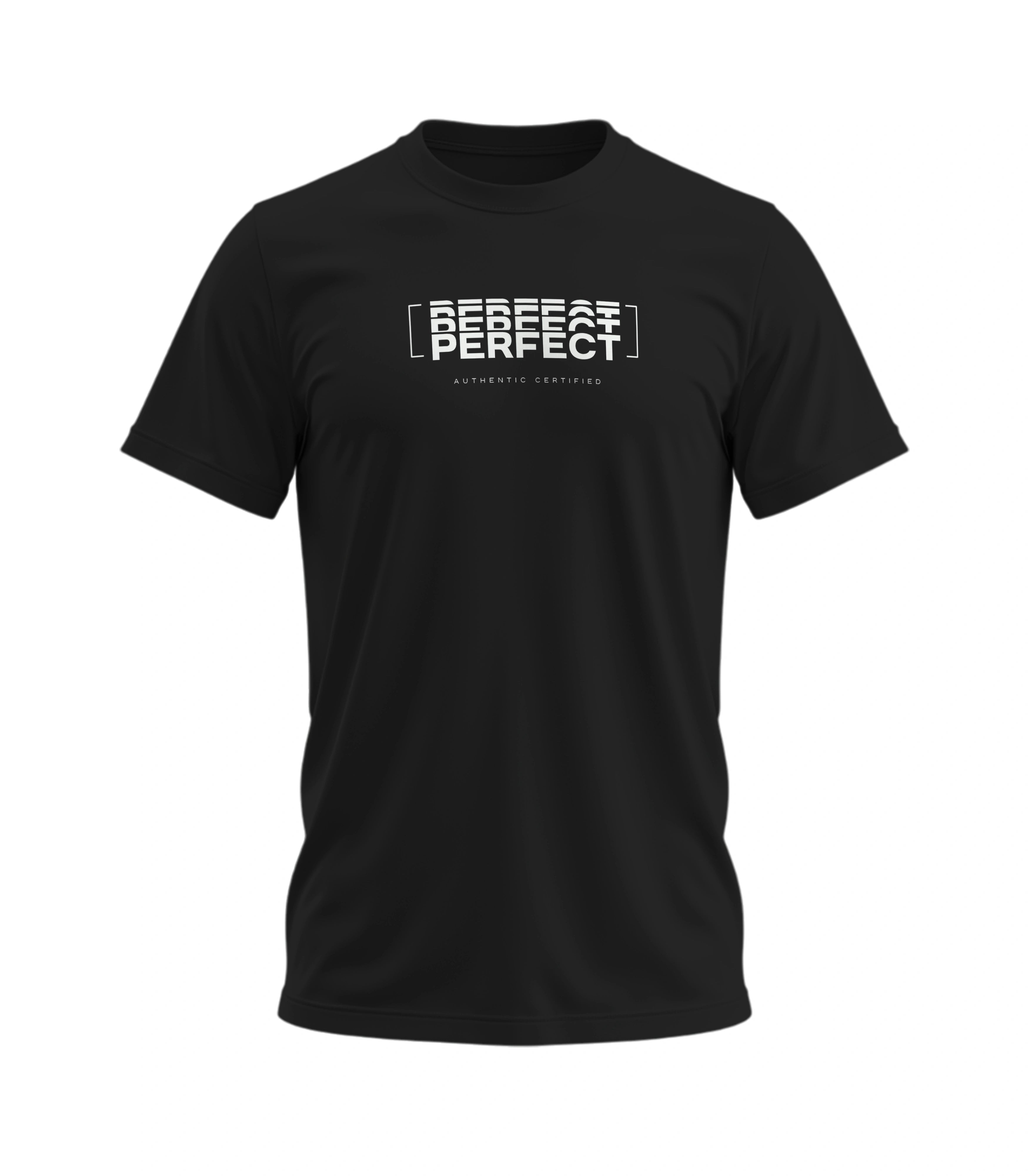 Black t-shirt with white text on a white background