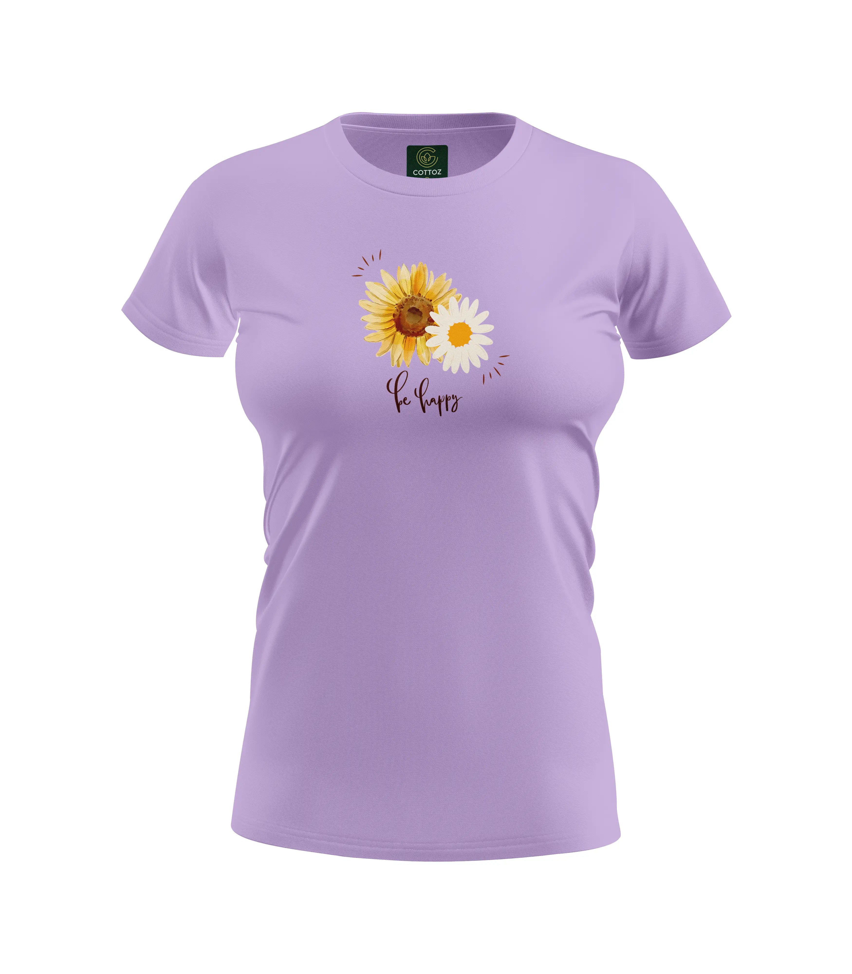 Purple t-shirt with sunflower design and text on a white background