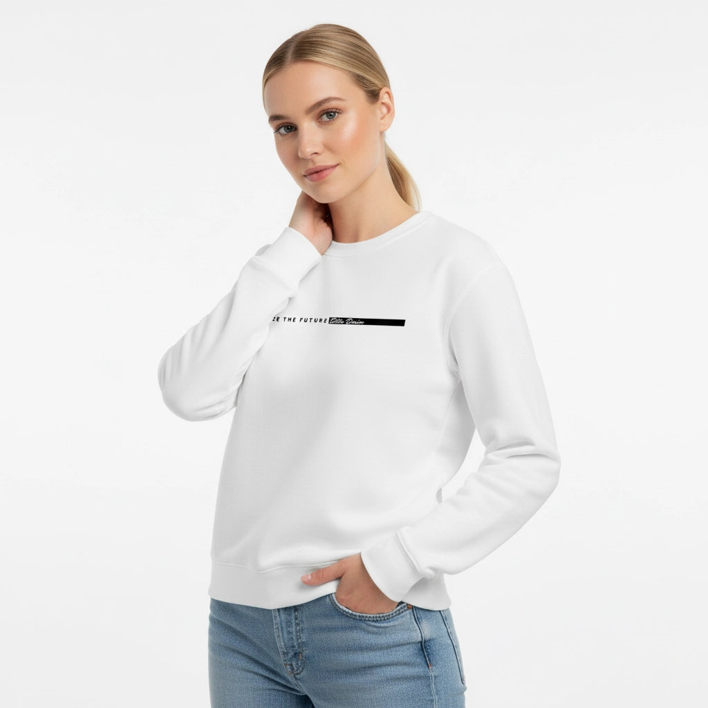 Woman wearing a white sweatshirt with text on a plain background