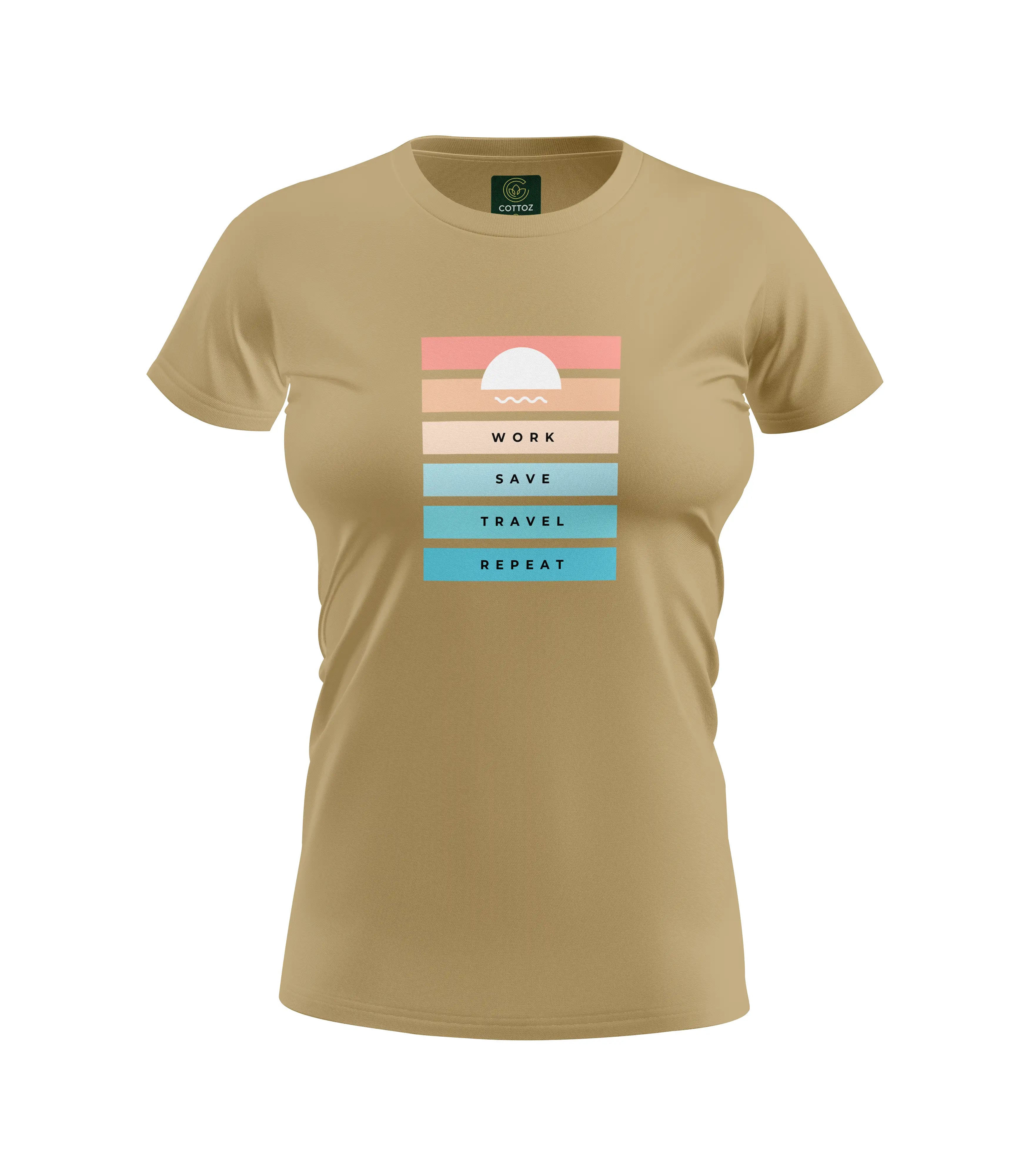 Beige t-shirt with a colorful graphic and text on a white background