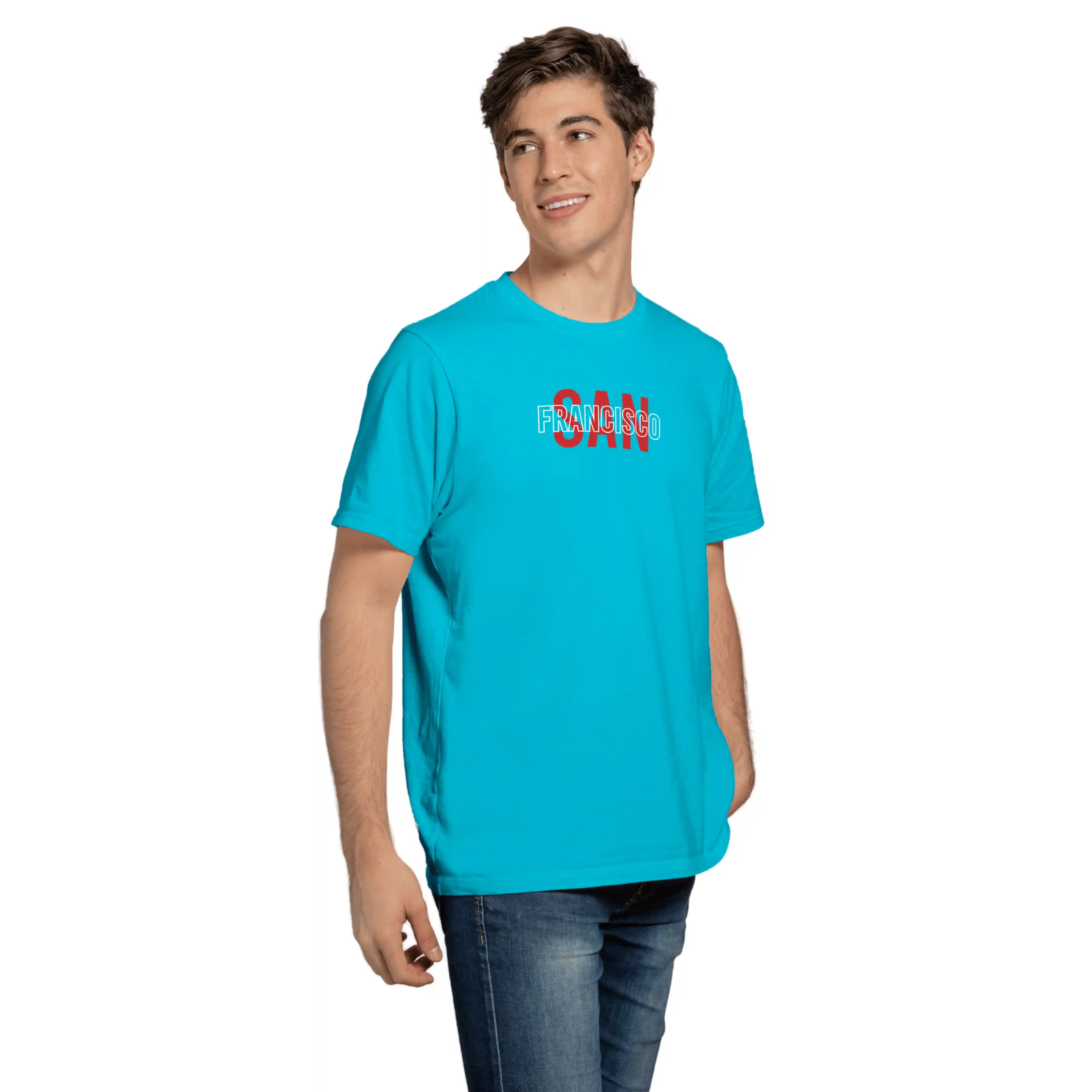 Man wearing a blue t-shirt with red text on a white background