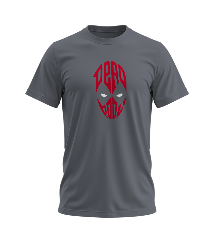 Gray t-shirt with red graphic design on a white background
