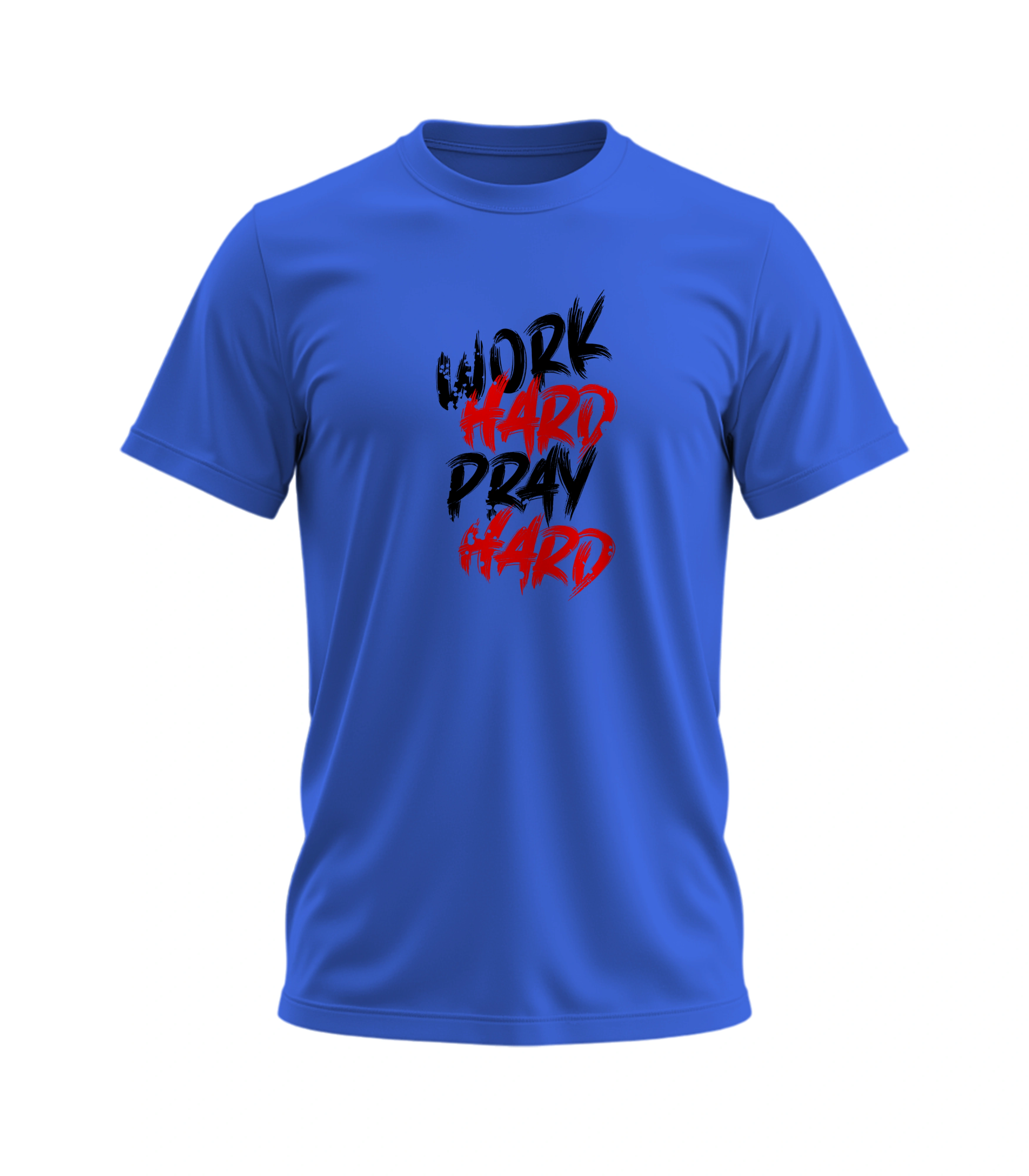 Blue t-shirt with 'Work Hard Pray Hard' text in black and red on a white background
