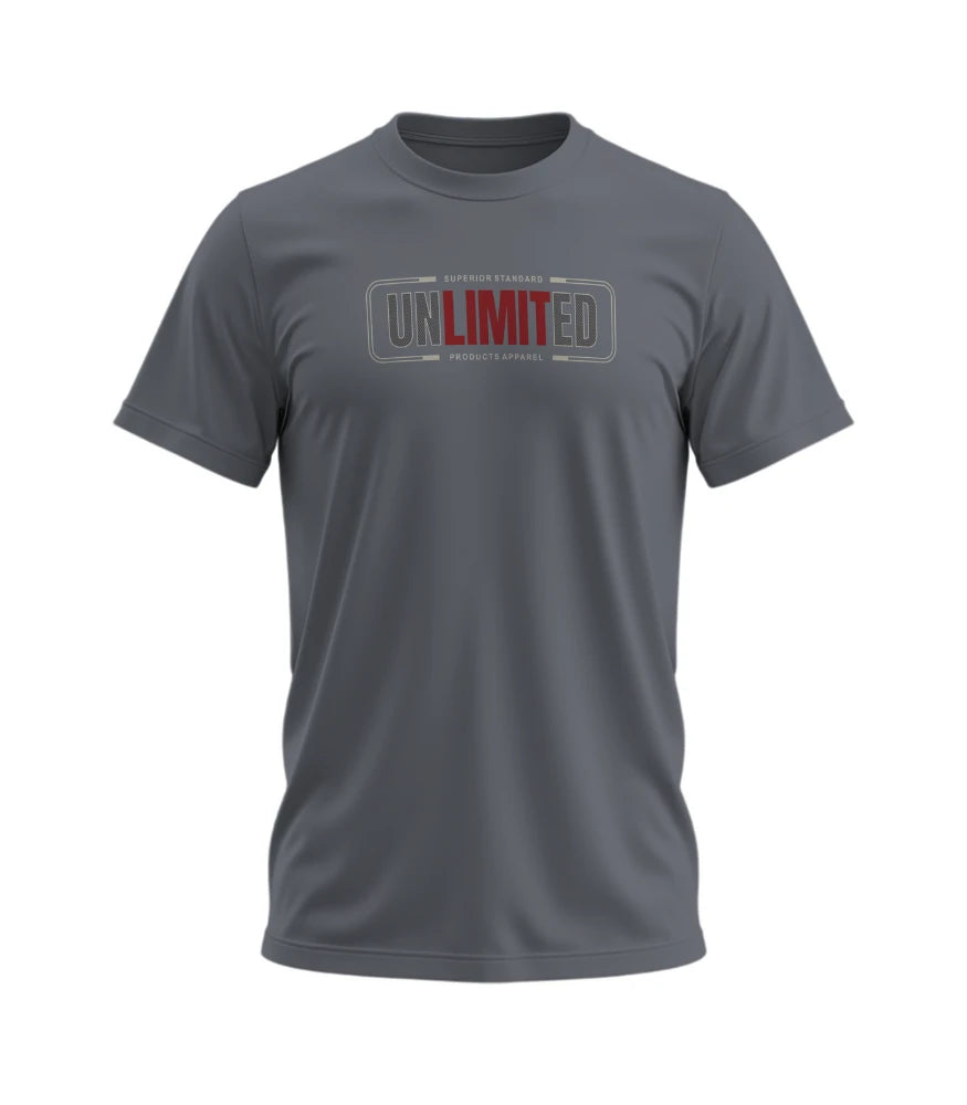 Gray t-shirt with 'UNLIMITED' text on a white background