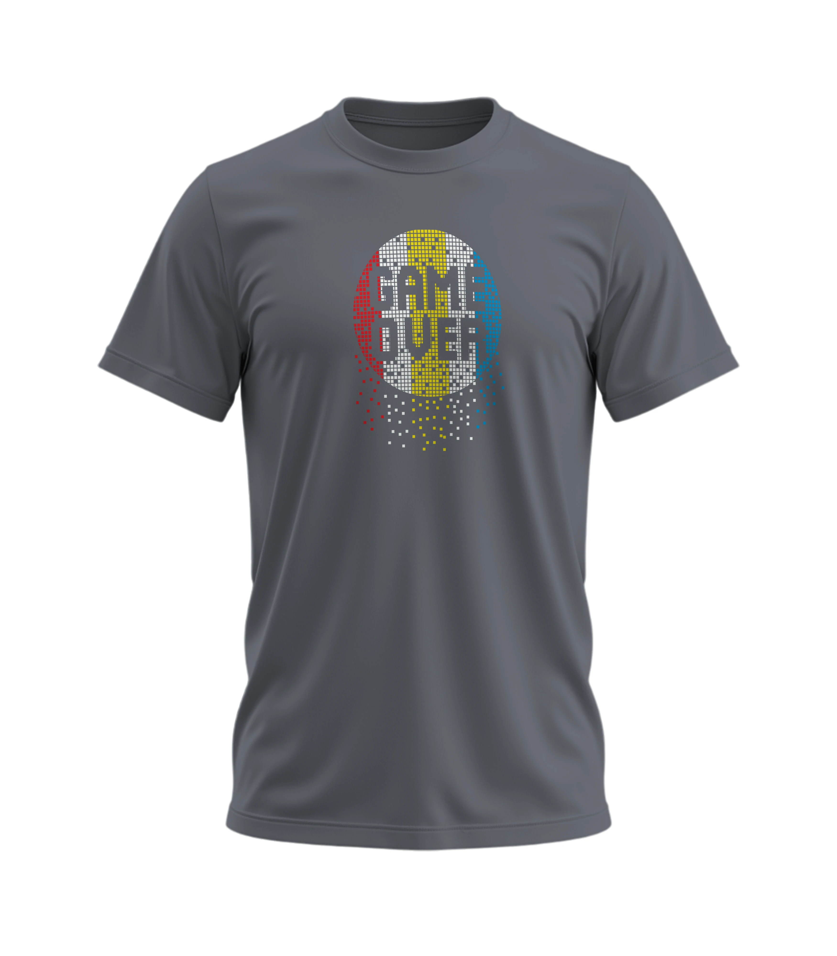 Gray t-shirt with 'GAME OVER' graphic design on a white background