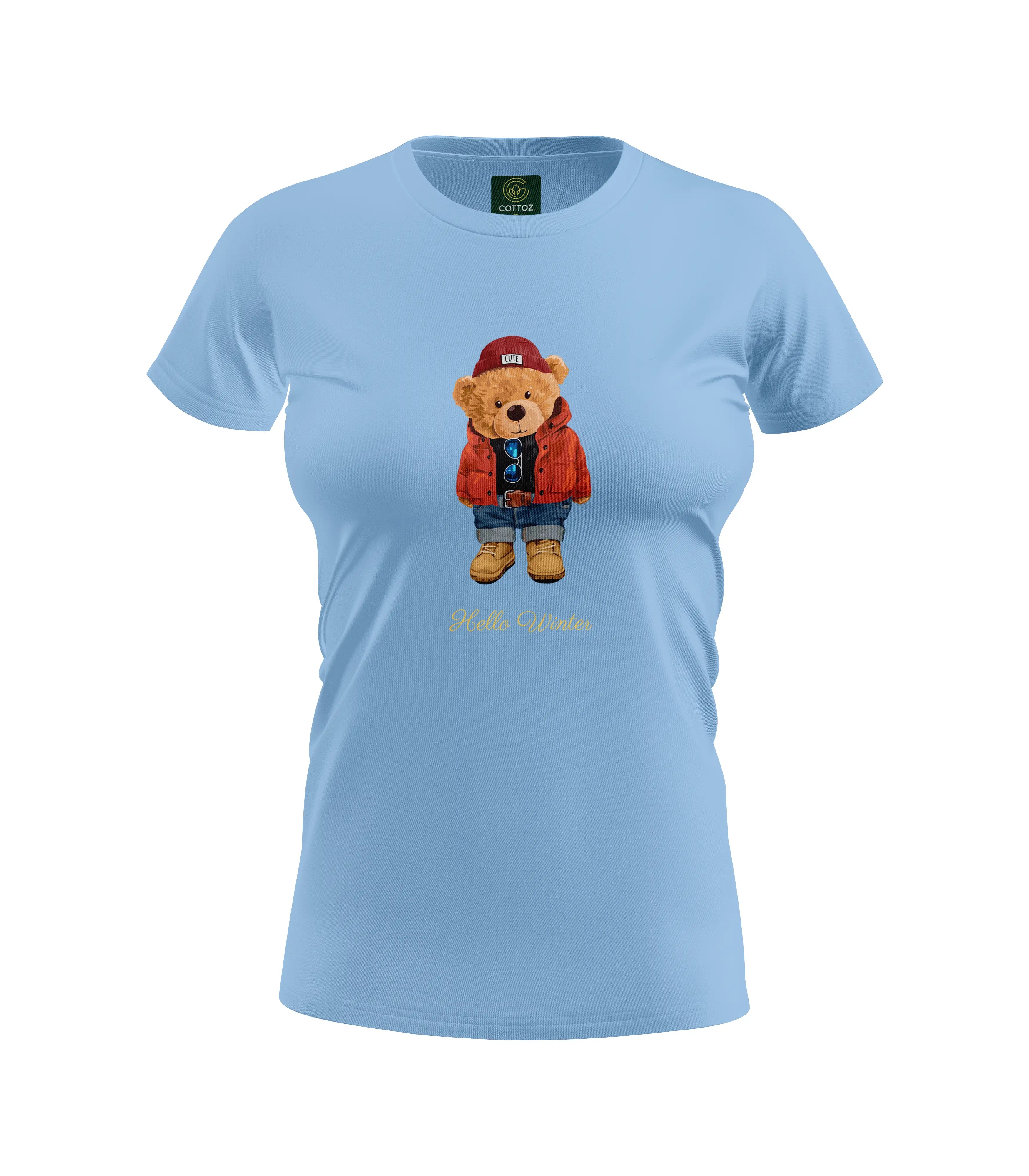 Light blue t-shirt with a teddy bear graphic and text on a white background