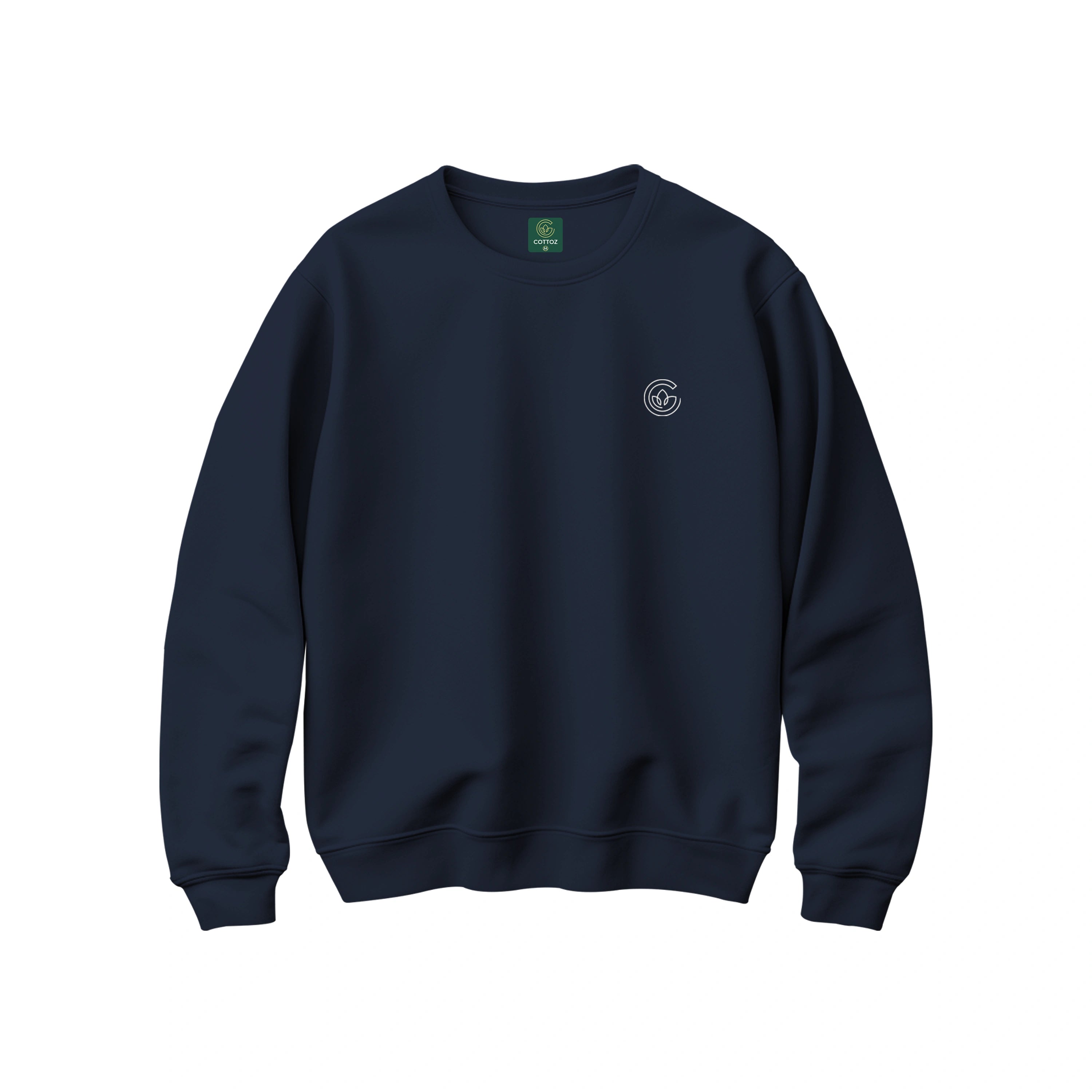 Navy blue sweatshirt with a small logo on a white background