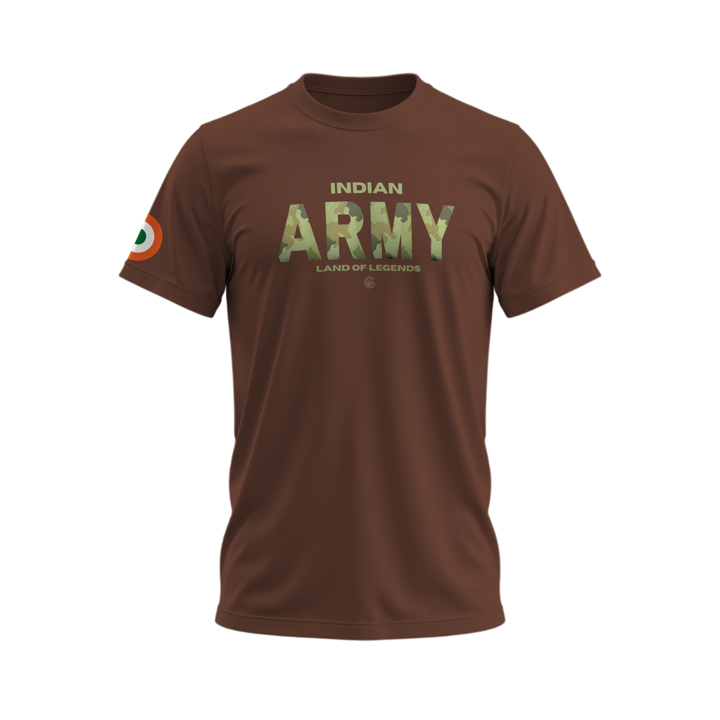 Brown t-shirt with 'Indian Army Land of Legends' text on a white background
