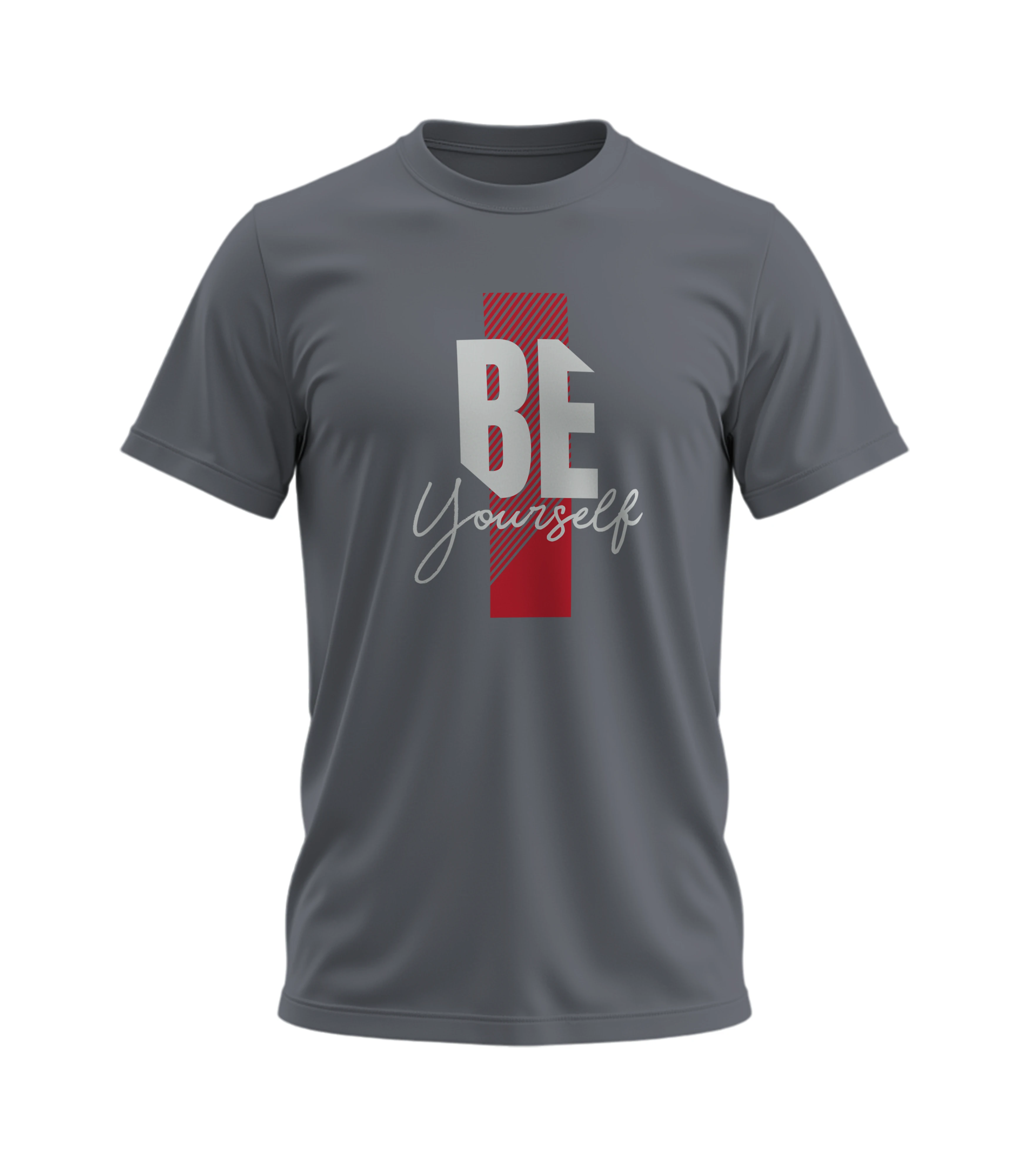 Gray t-shirt with 'BE Yourself' text design on a white background