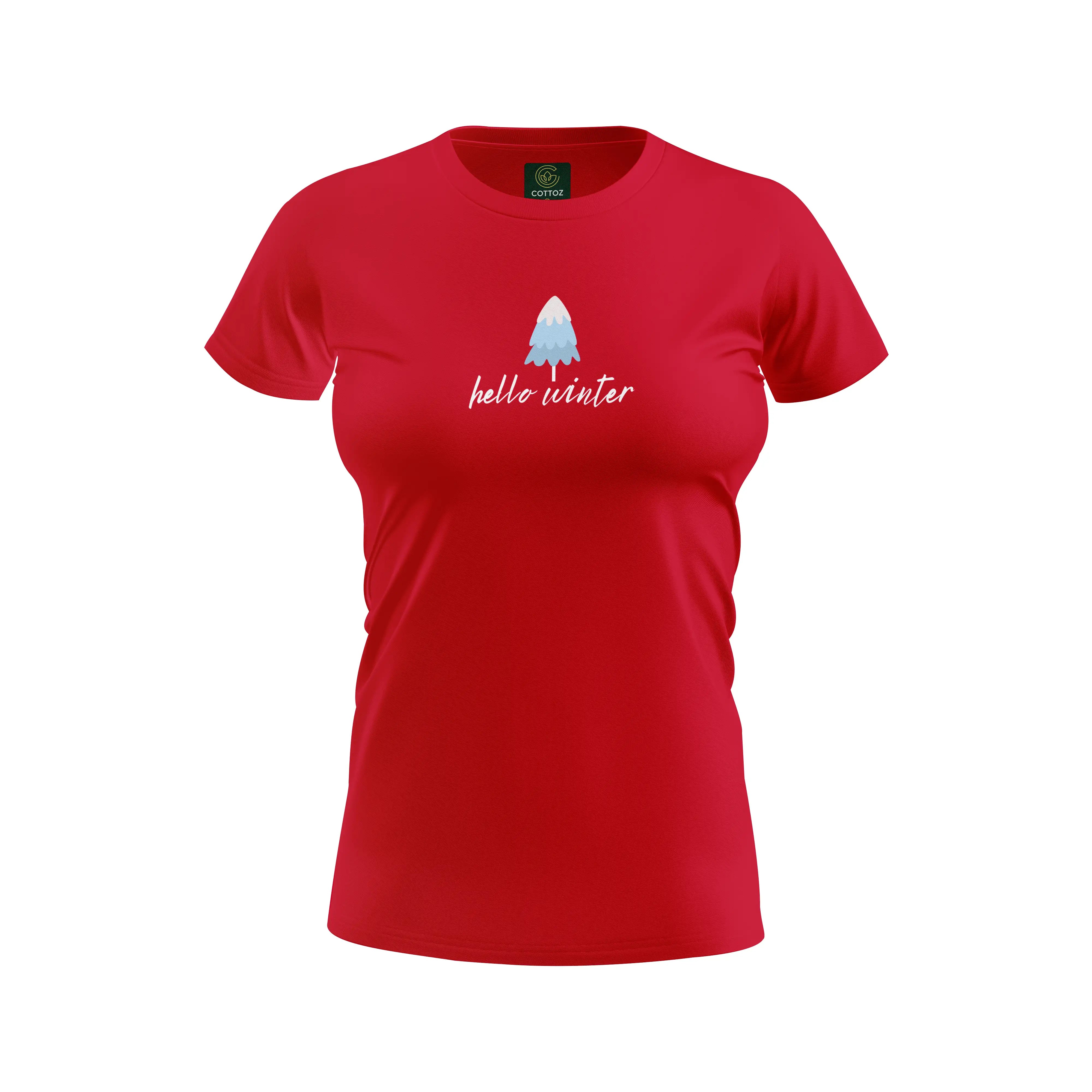 Red t-shirt with 'hello winter' text and tree graphic on a white background
