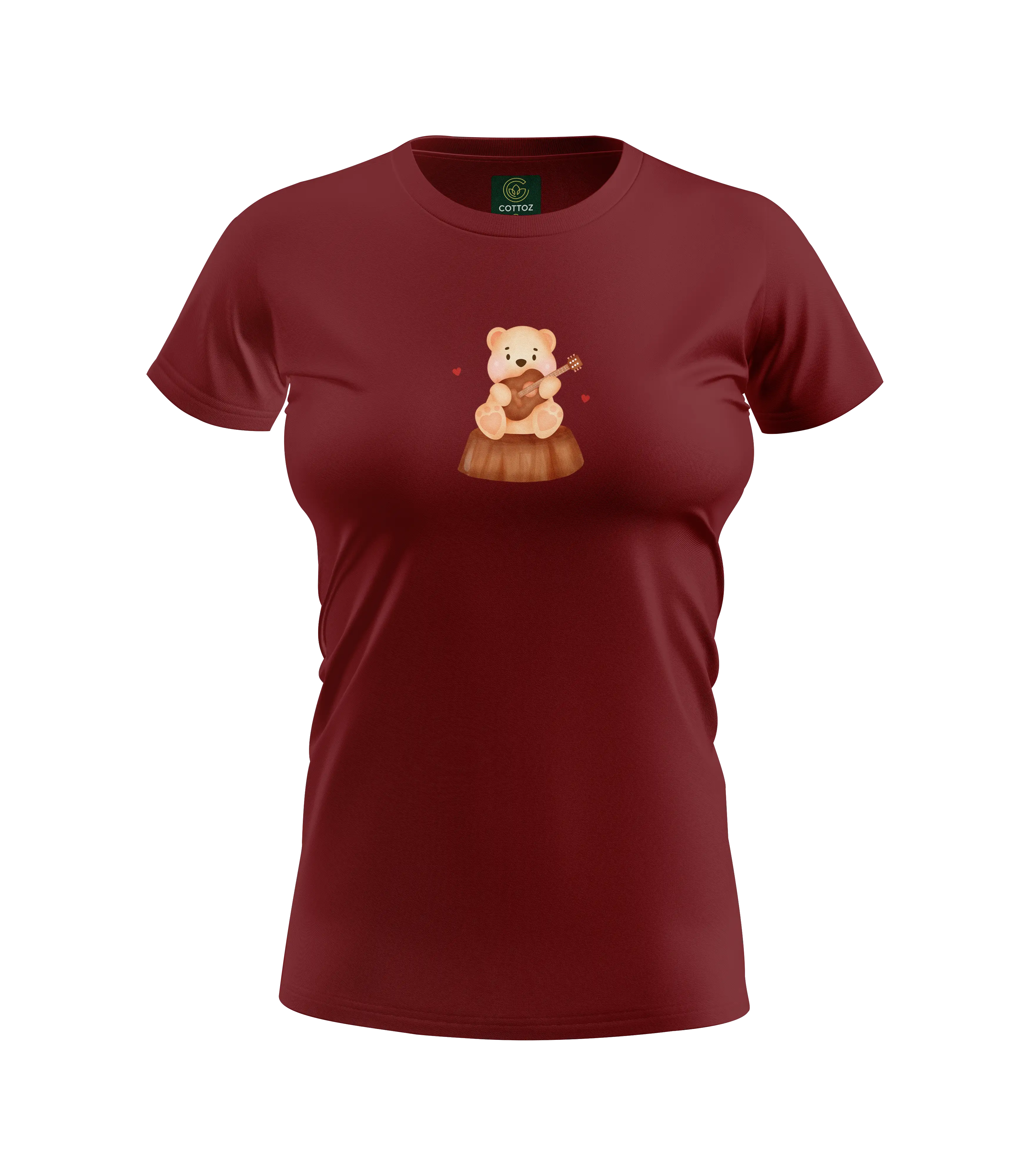 Maroon t-shirt with a teddy bear playing a guitar graphic on a white background