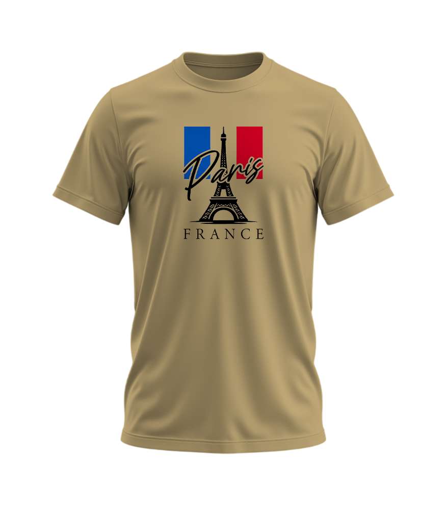 Beige t-shirt with Paris and France design on a white background