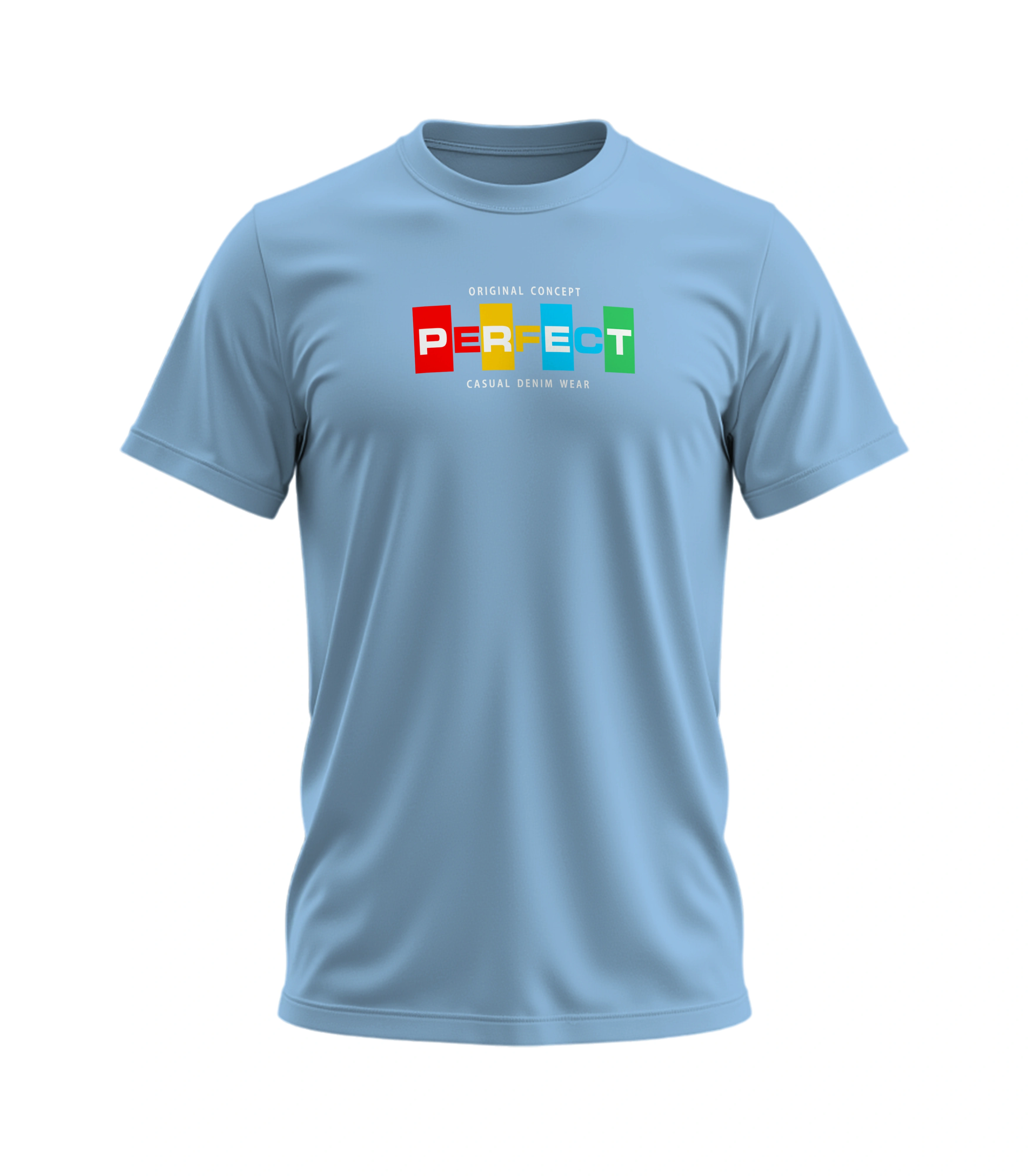 Light blue t-shirt with colorful 'PERFECT' logo on a white background