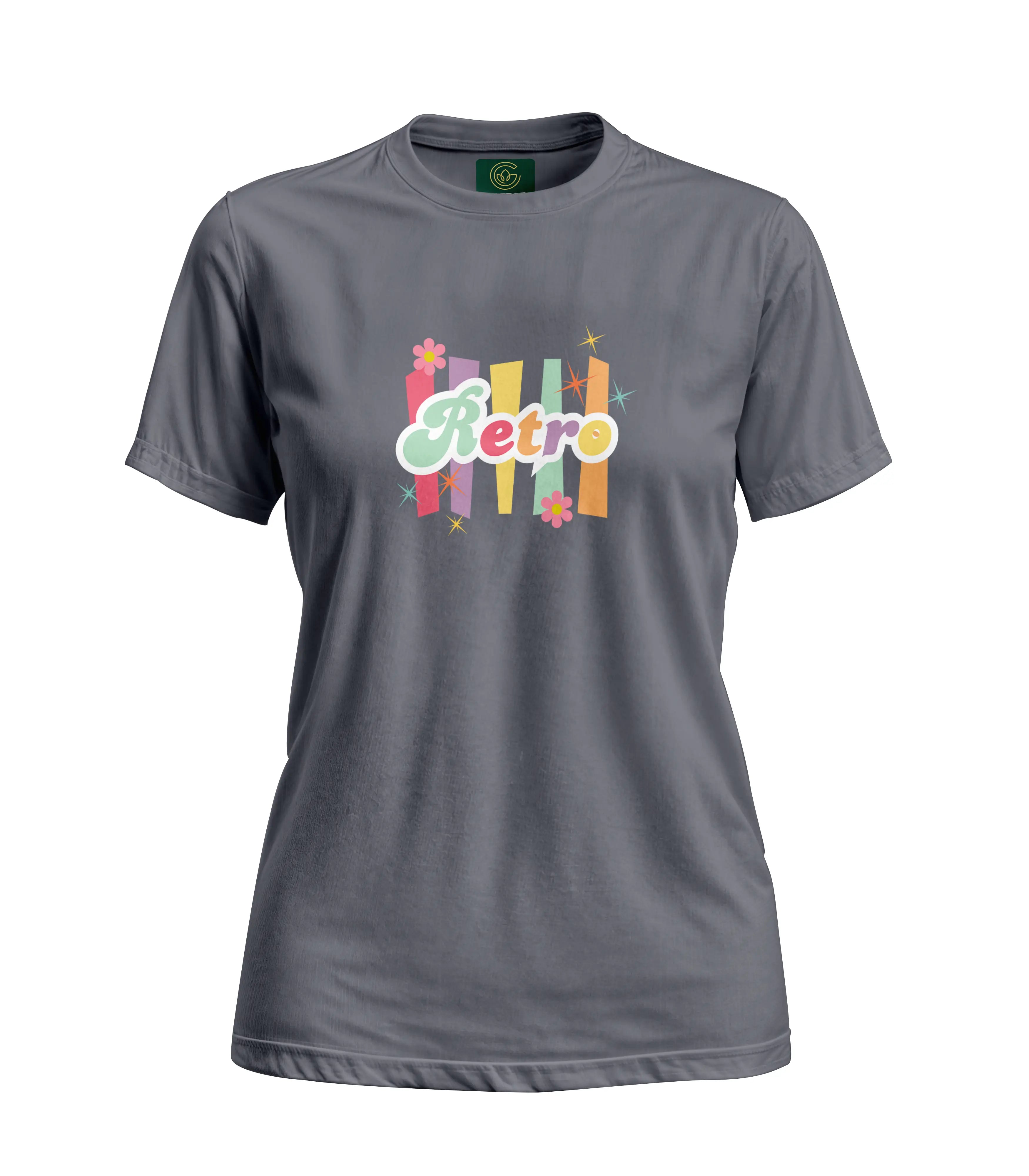 Gray t-shirt with colorful 'Retro' design on a white background