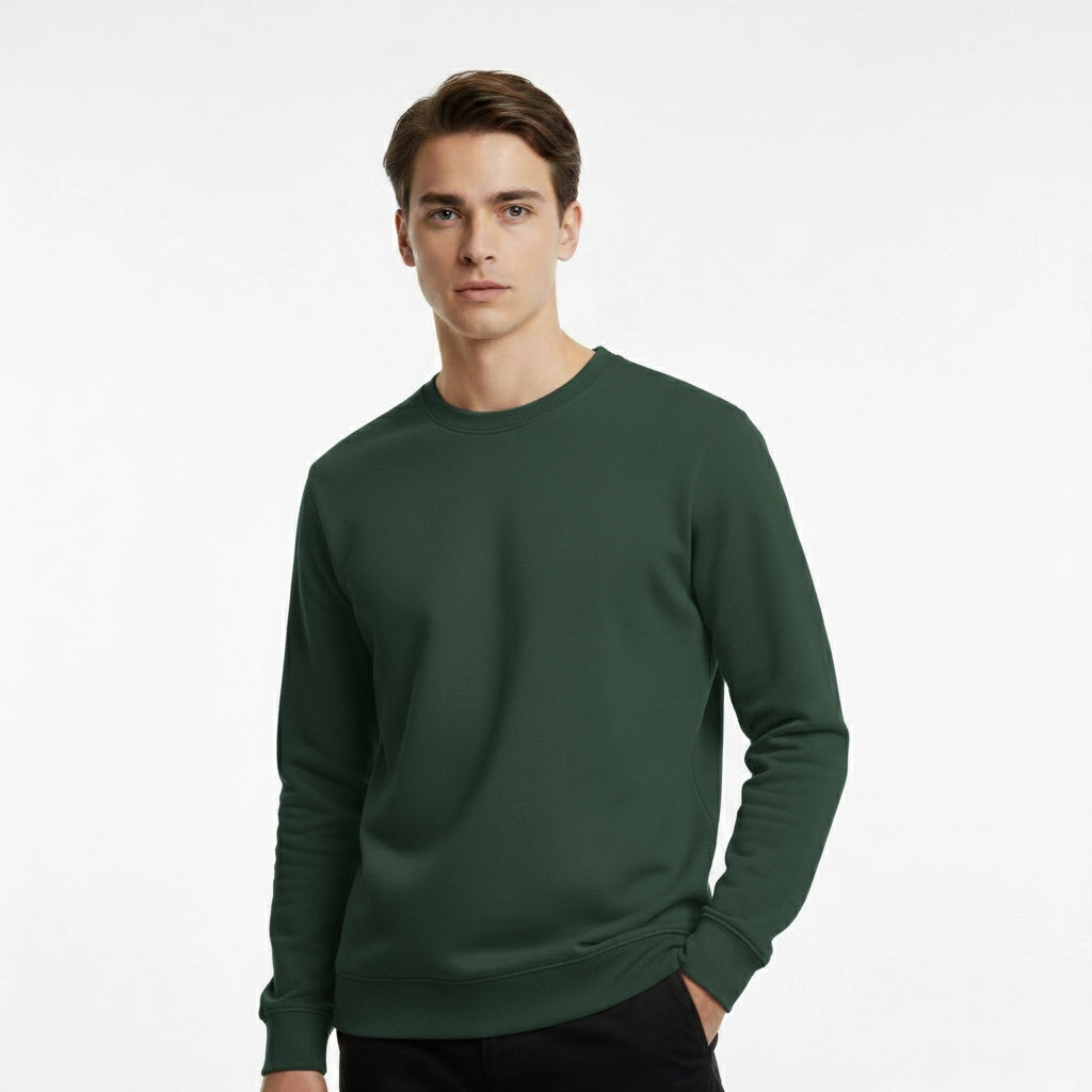 Man wearing a green sweatshirt on a white background