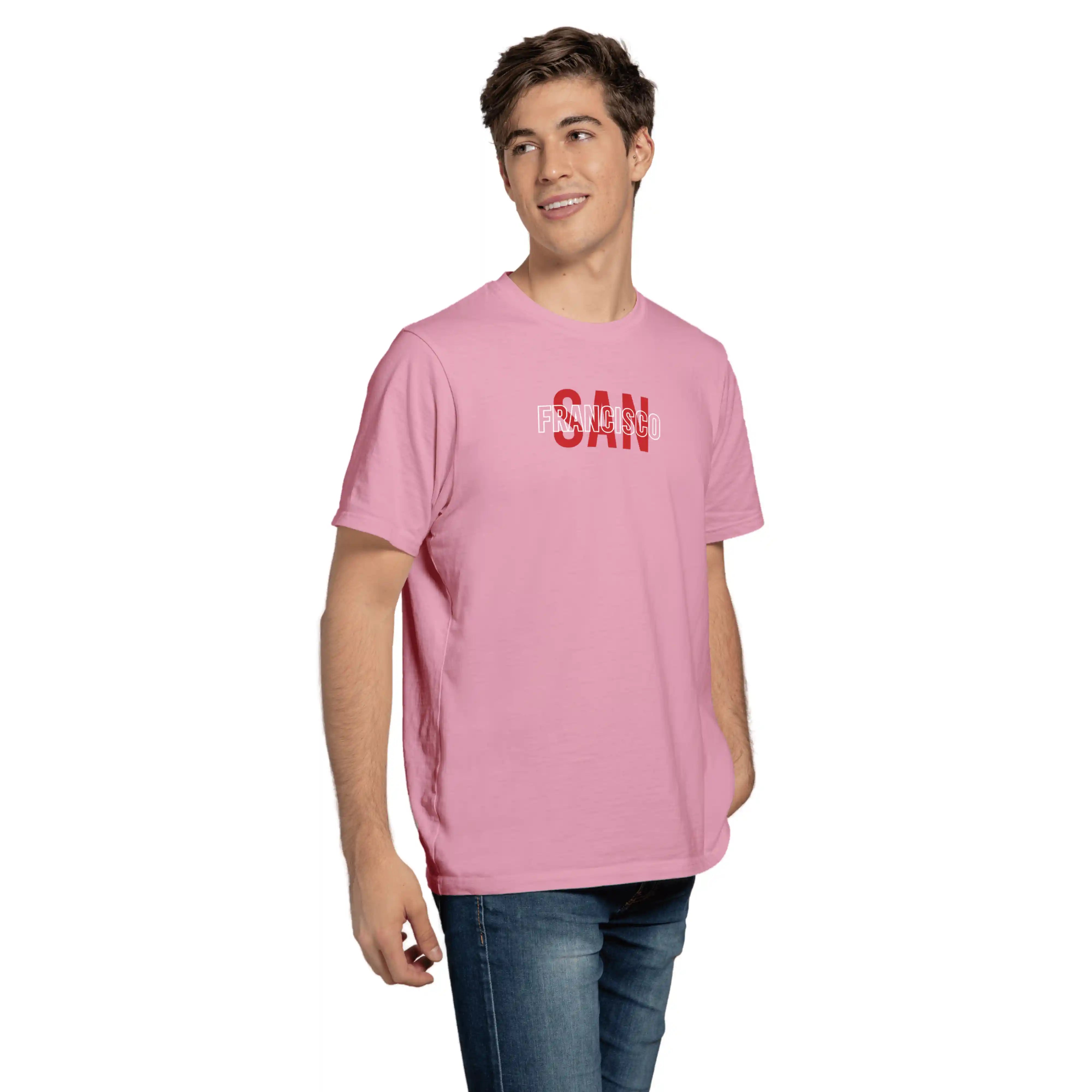 Person wearing a pink t-shirt with text on a white background