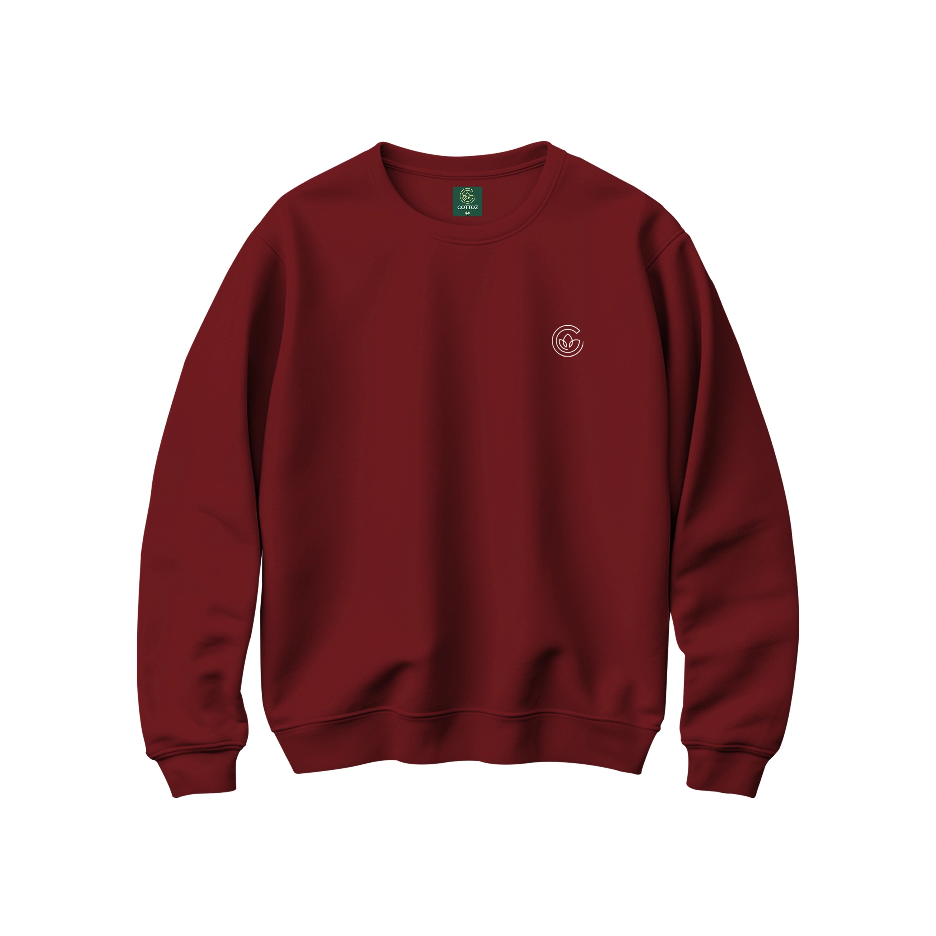 Maroon sweatshirt with a logo on a white background