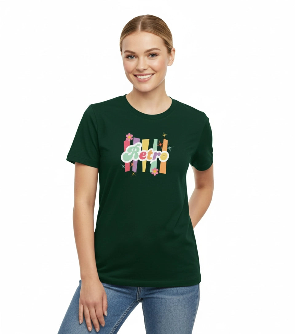 Woman wearing a dark green t-shirt with colorful 'Retro' design on a white background