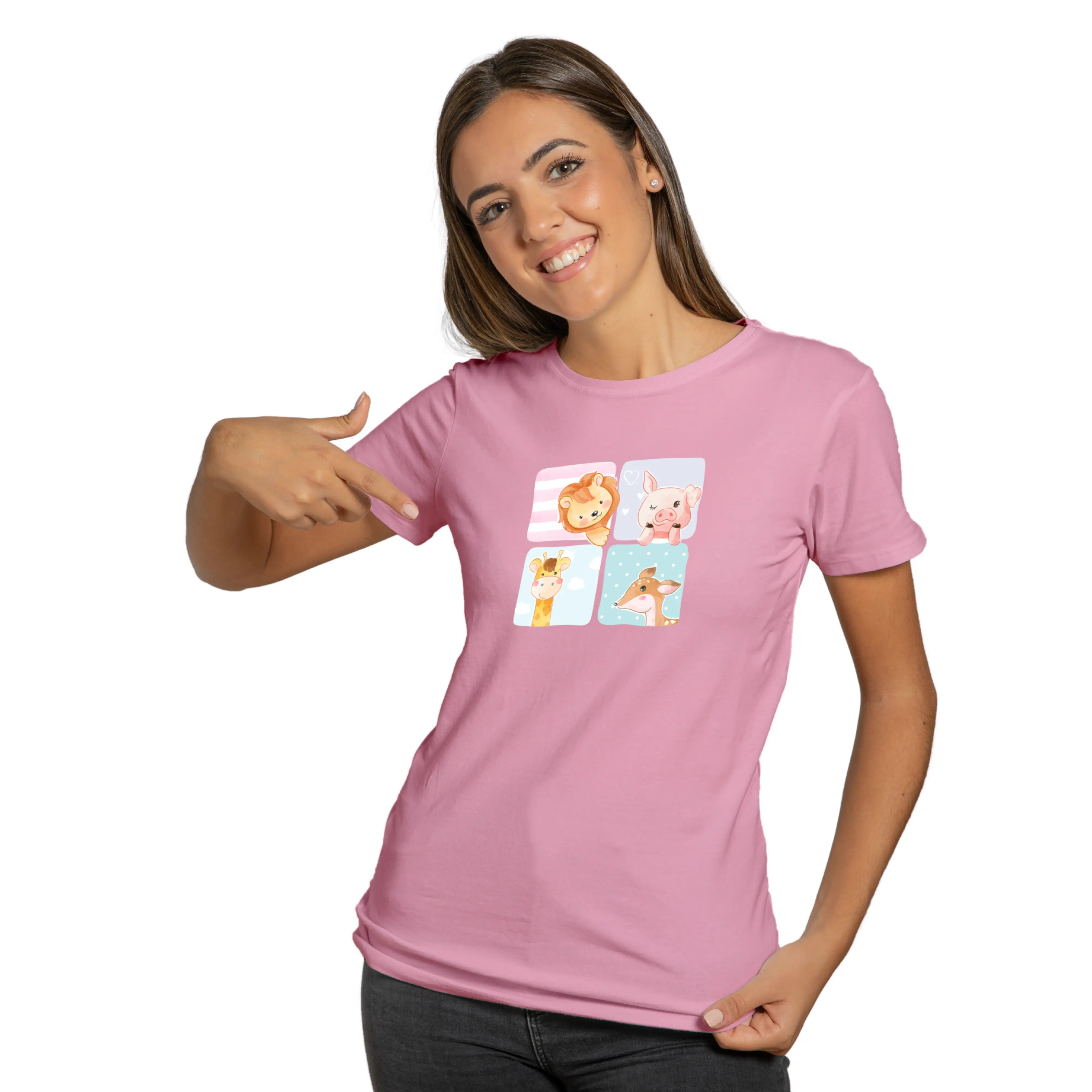 Woman wearing a pink t-shirt with cartoon designs on a white background