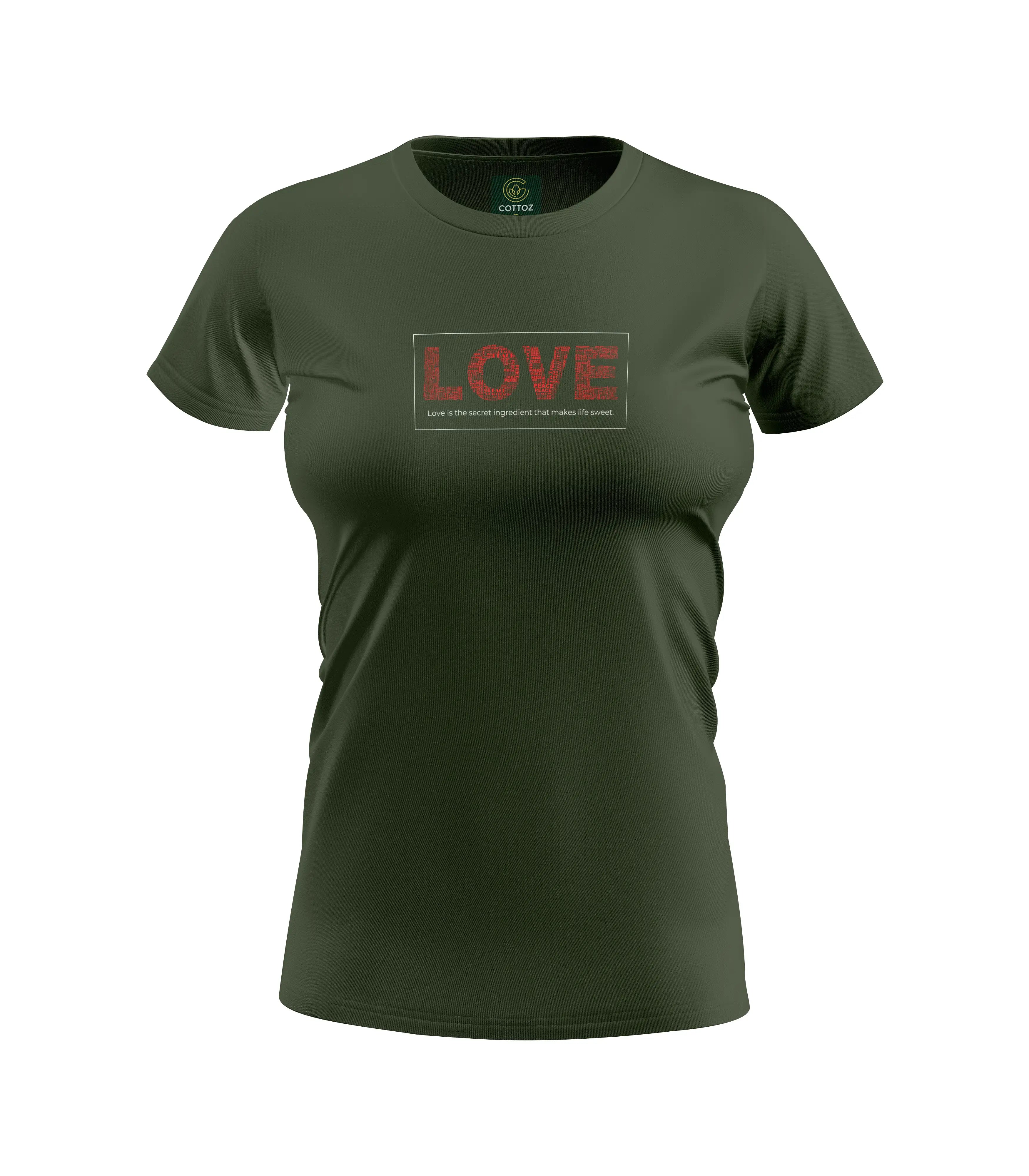 Green t-shirt with 'LOVE' text on a white background