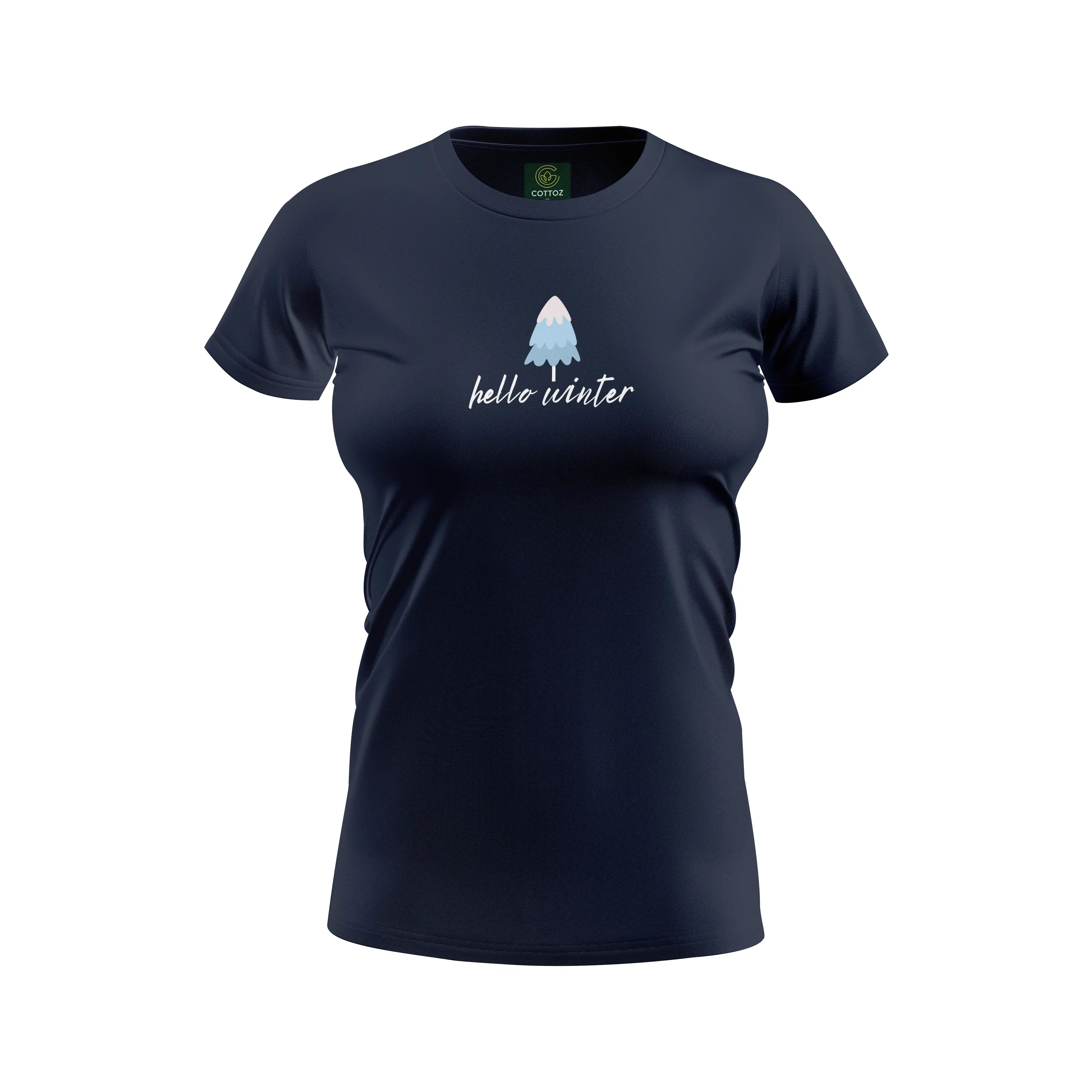 Navy blue t-shirt with 'hello winter' text and tree graphic on a white background