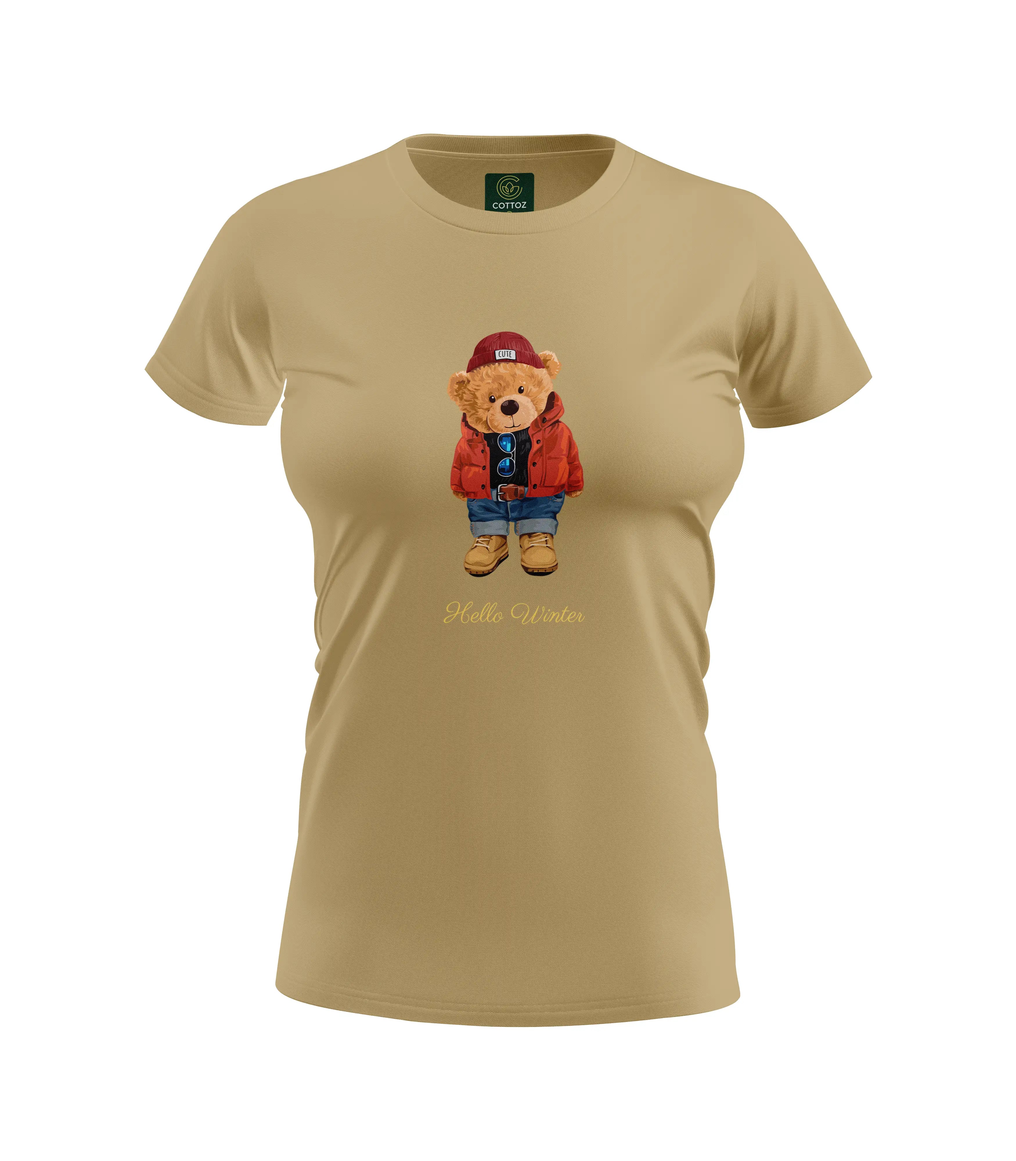 Beige t-shirt with a teddy bear graphic and 'Hello Winter' text on a white background