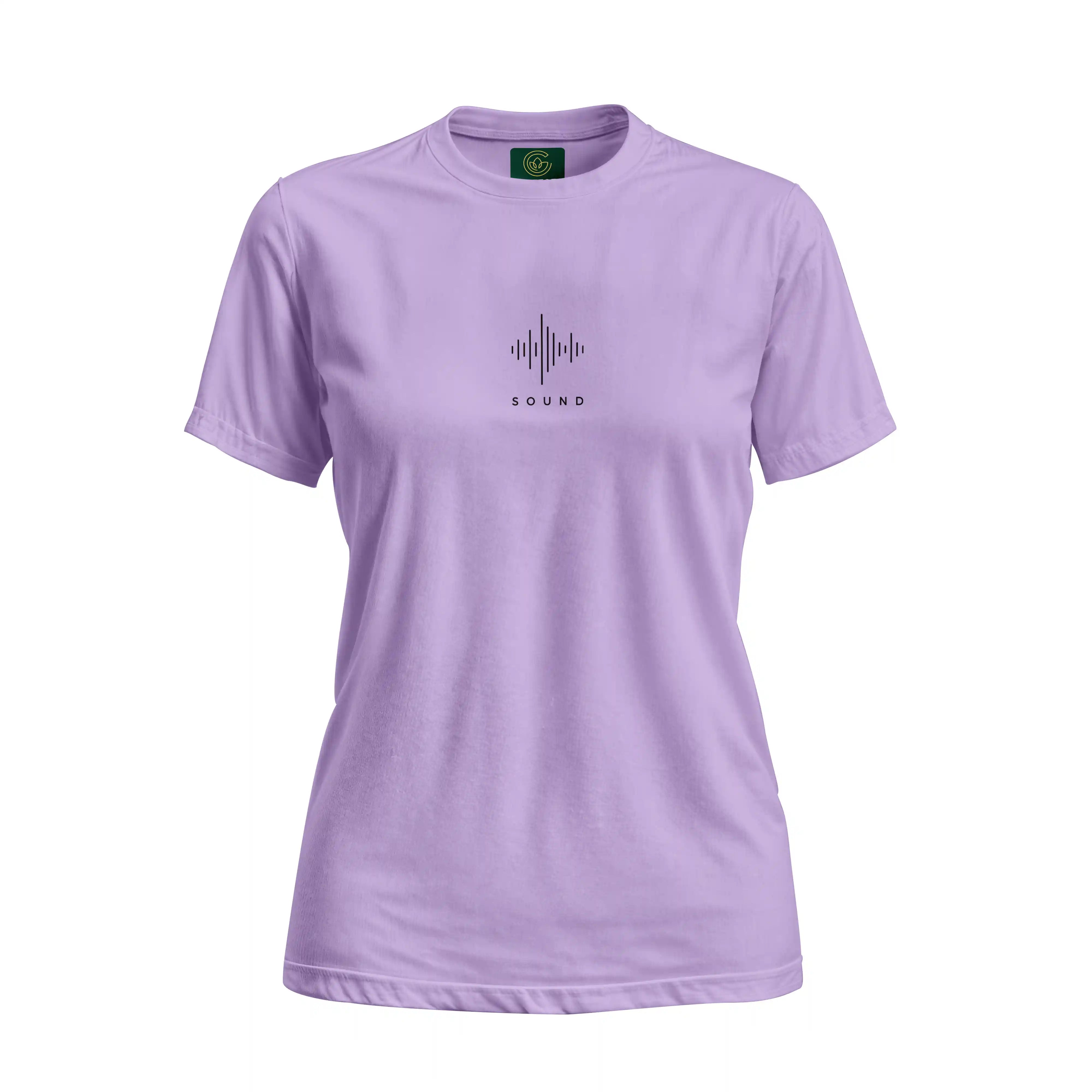 Purple t-shirt with a sound wave design and 'SOUND' text on a white background