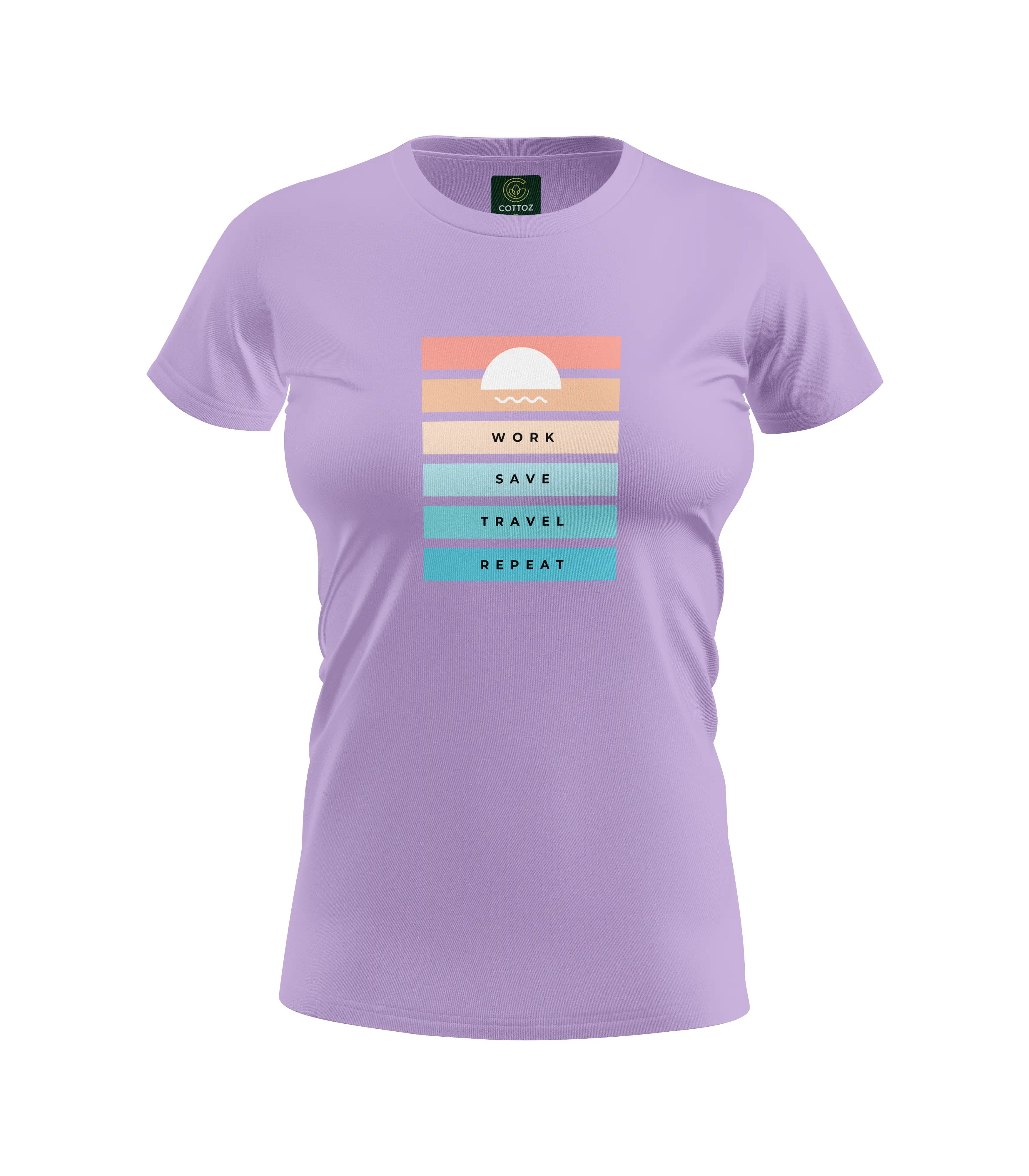 Purple t-shirt with a colorful graphic and text on a white background
