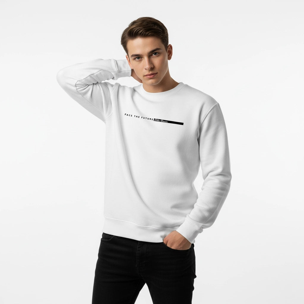 Person wearing a white sweatshirt with text on a plain background
