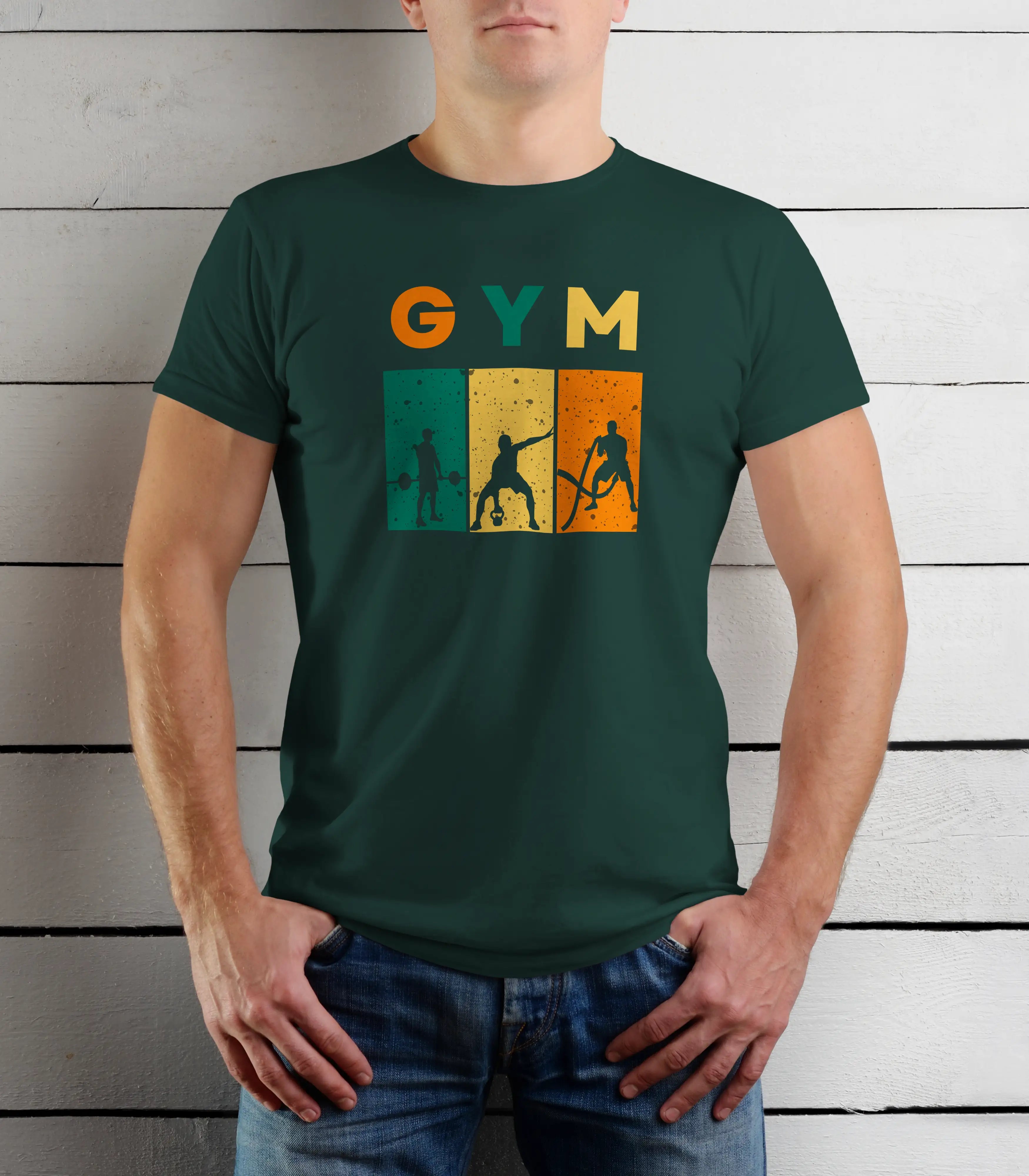 Person wearing a green t-shirt with 'GYM' and silhouette graphics against a wooden background