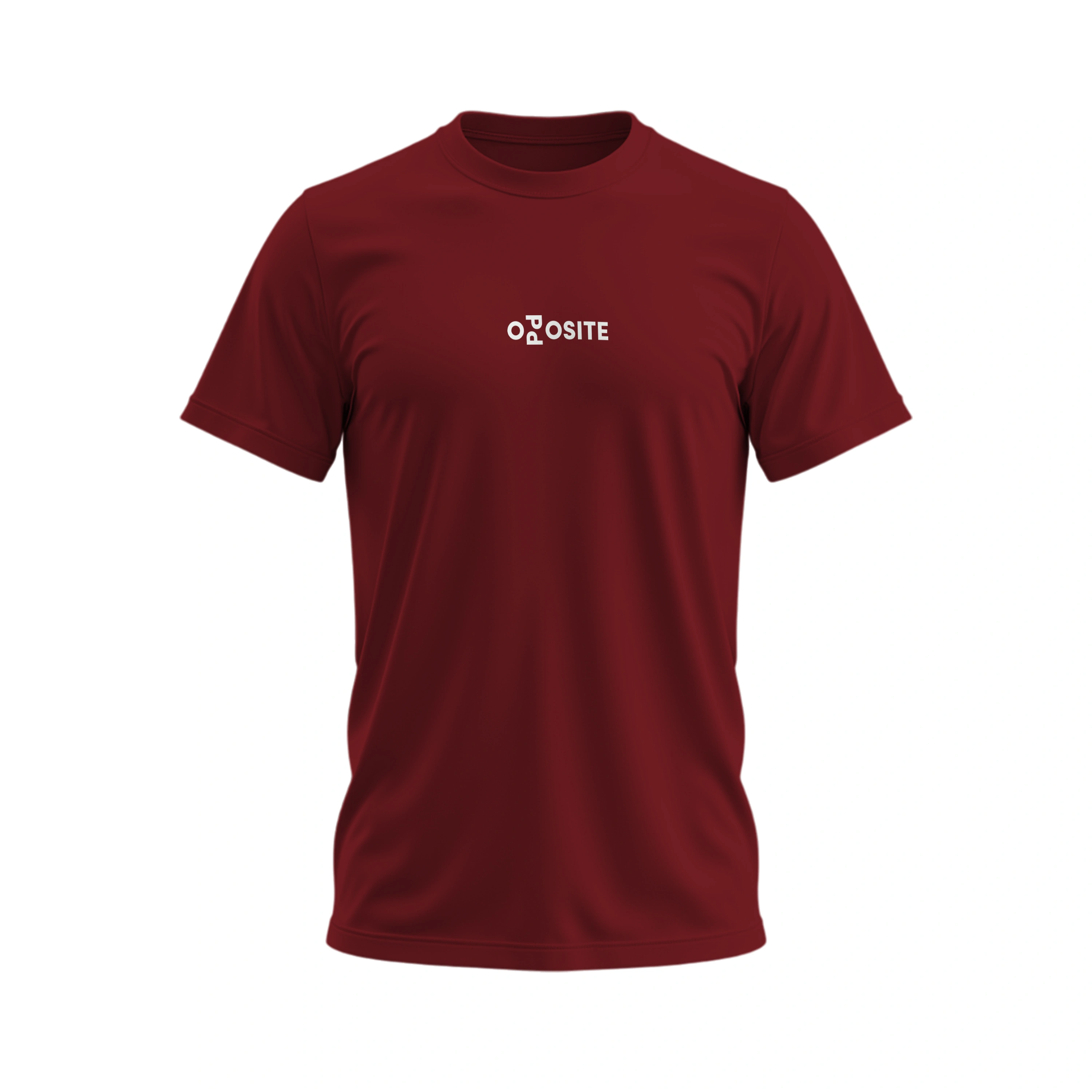 Maroon t-shirt with 'OPPOSITE' logo on a white background