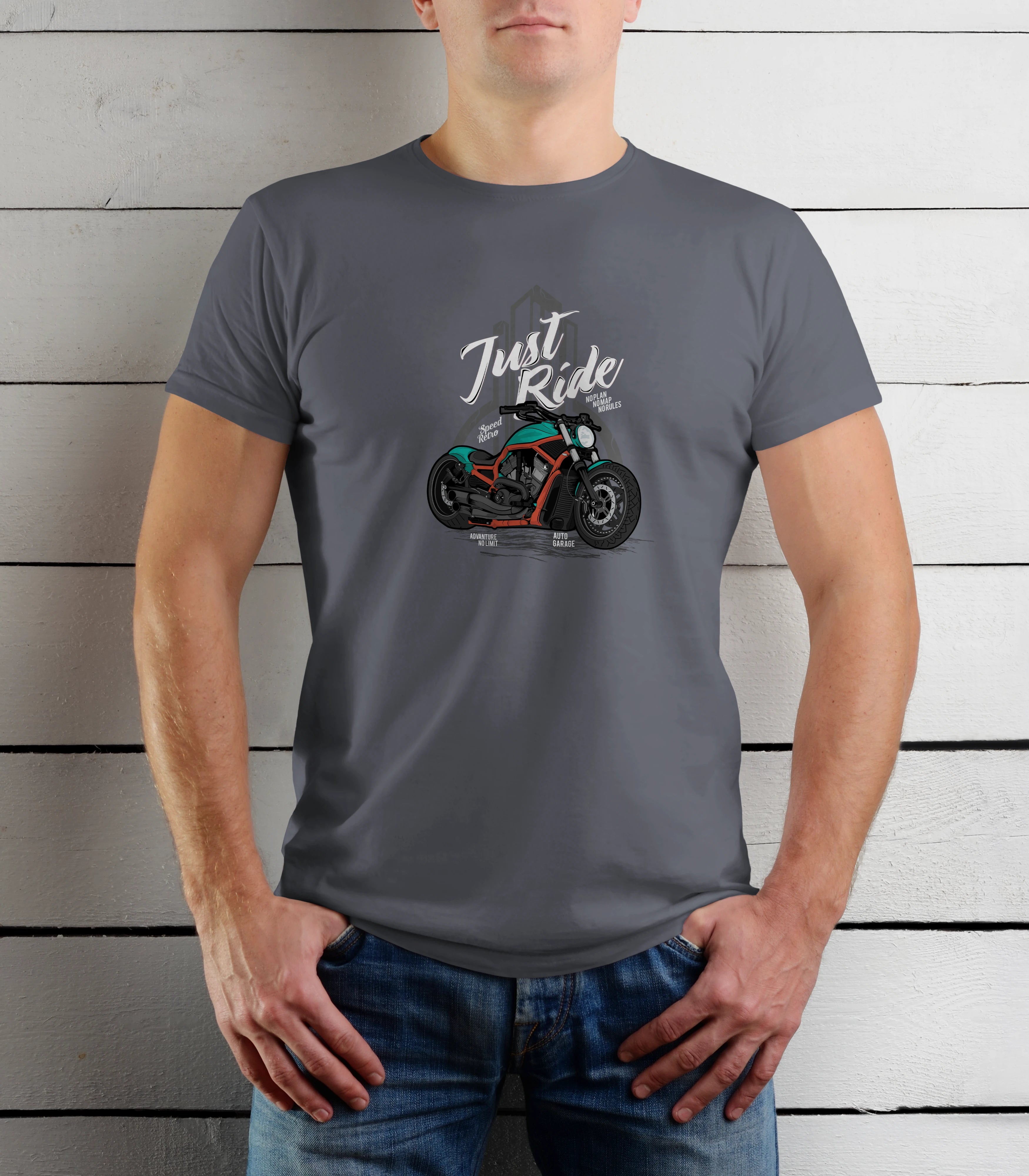 Person wearing a gray t-shirt with a motorcycle graphic and 'Just Ride' text against a wooden background