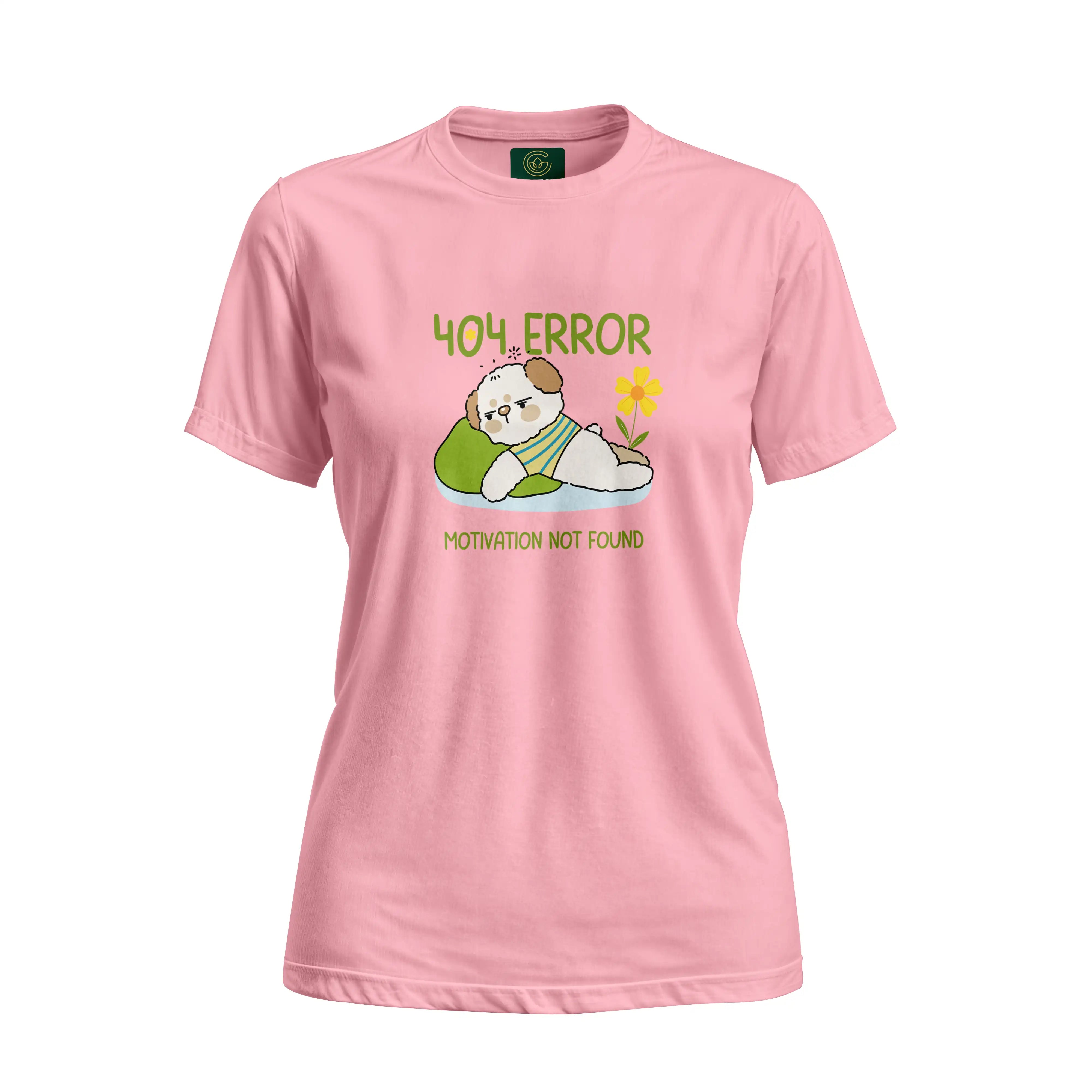 Pink t-shirt with a cartoon design and text on a white background