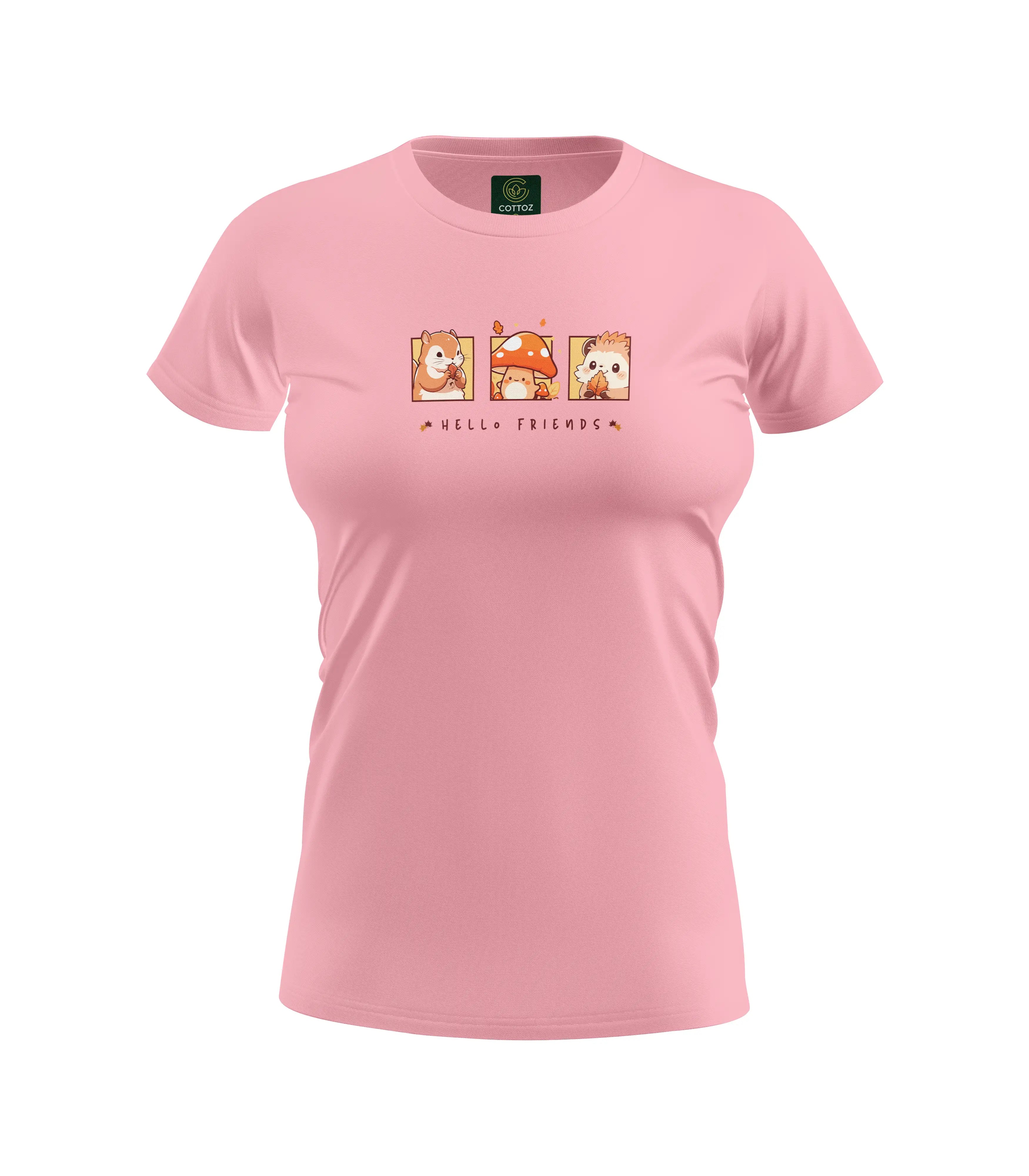 Pink t-shirt with cartoon characters and text on a white background