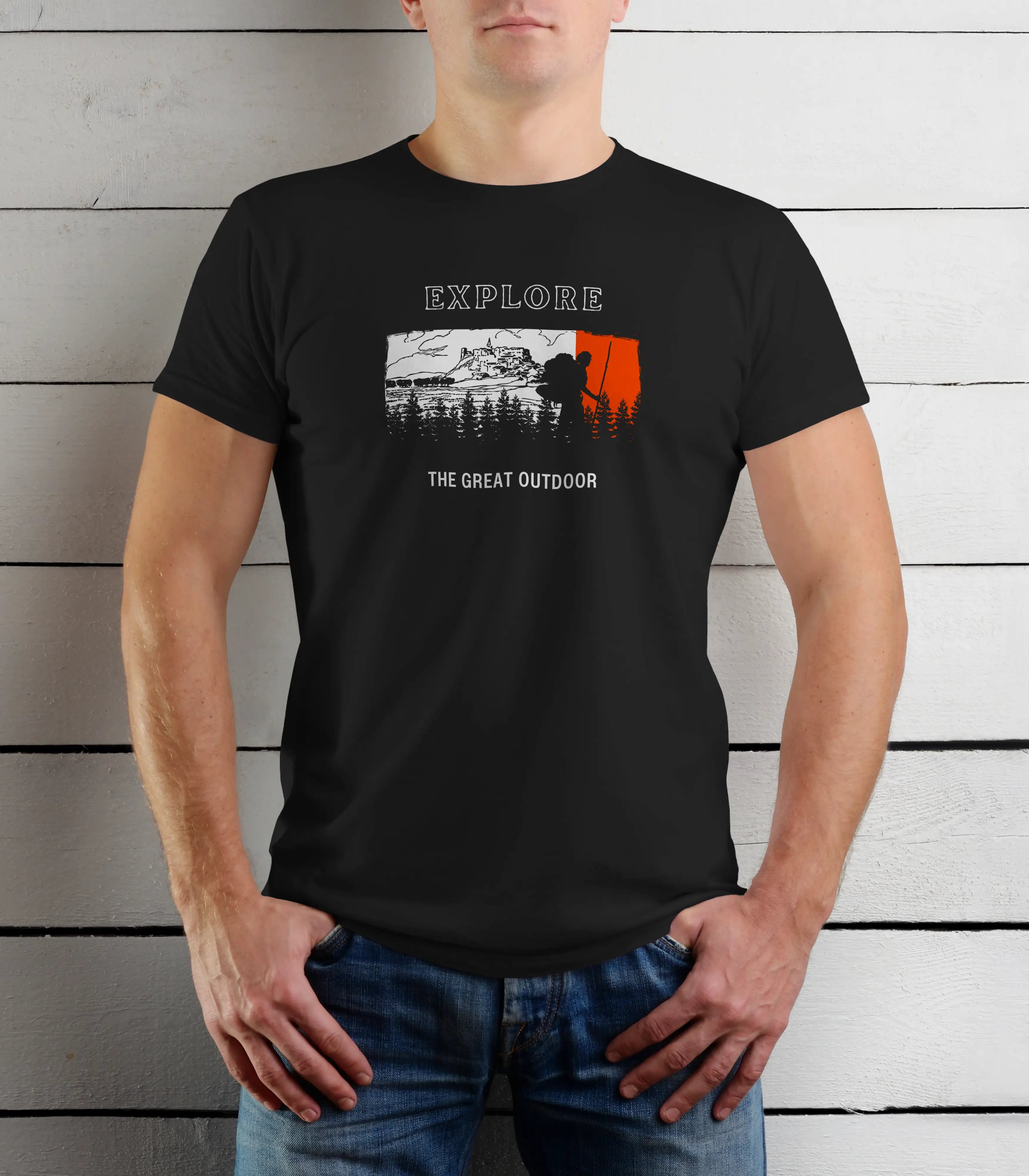 Person wearing a black t-shirt with outdoor-themed graphic and text.