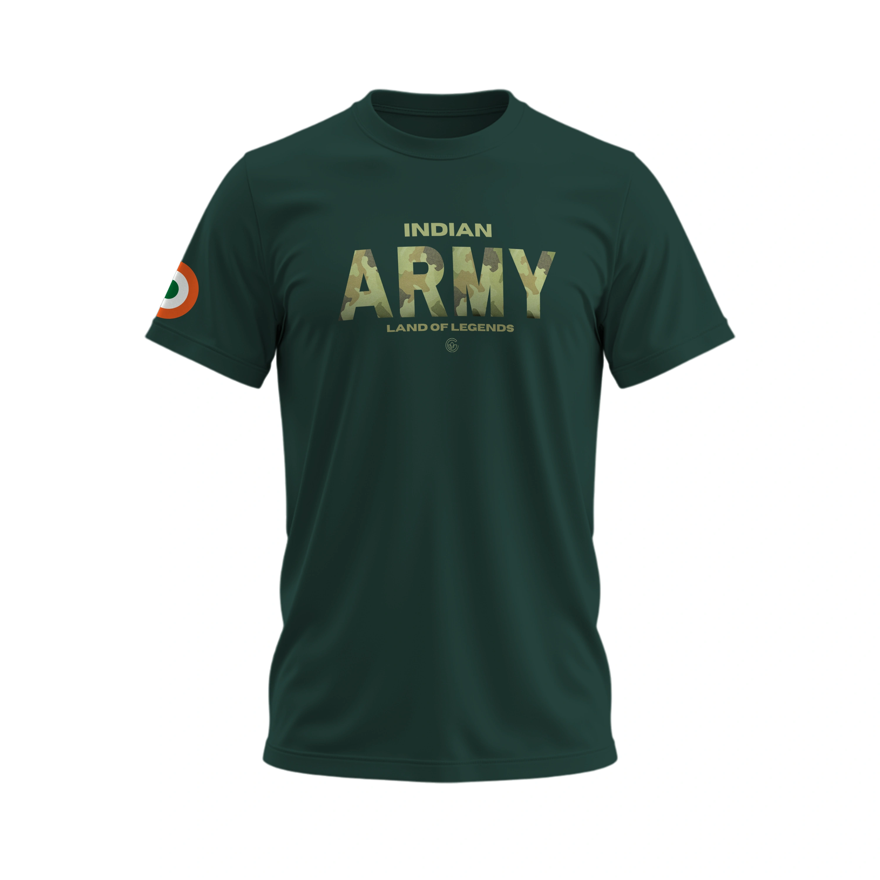 Green t-shirt with 'Indian Army Land of Legends' text on a white background