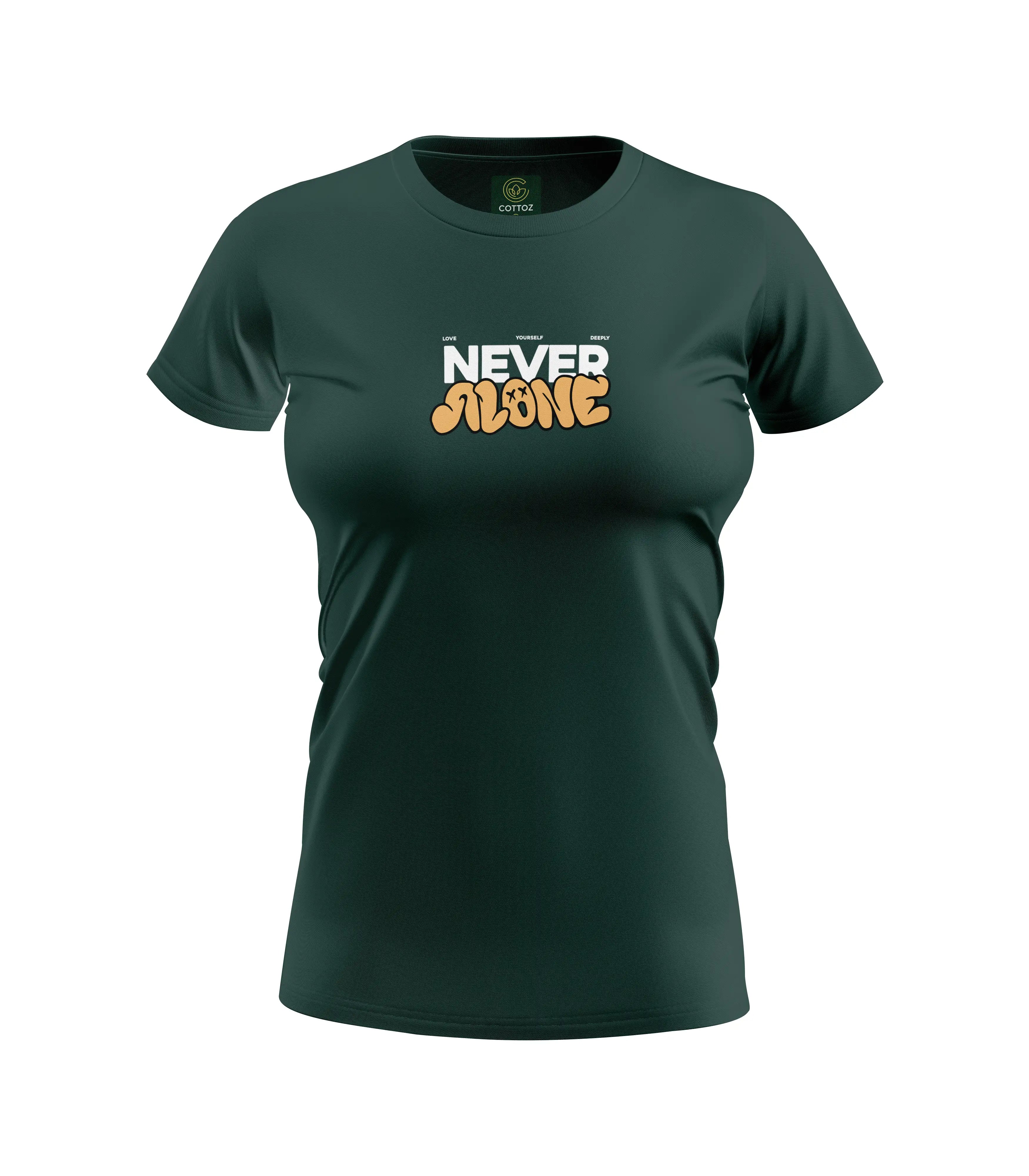 Green t-shirt with 'Never Alone' text on a white background