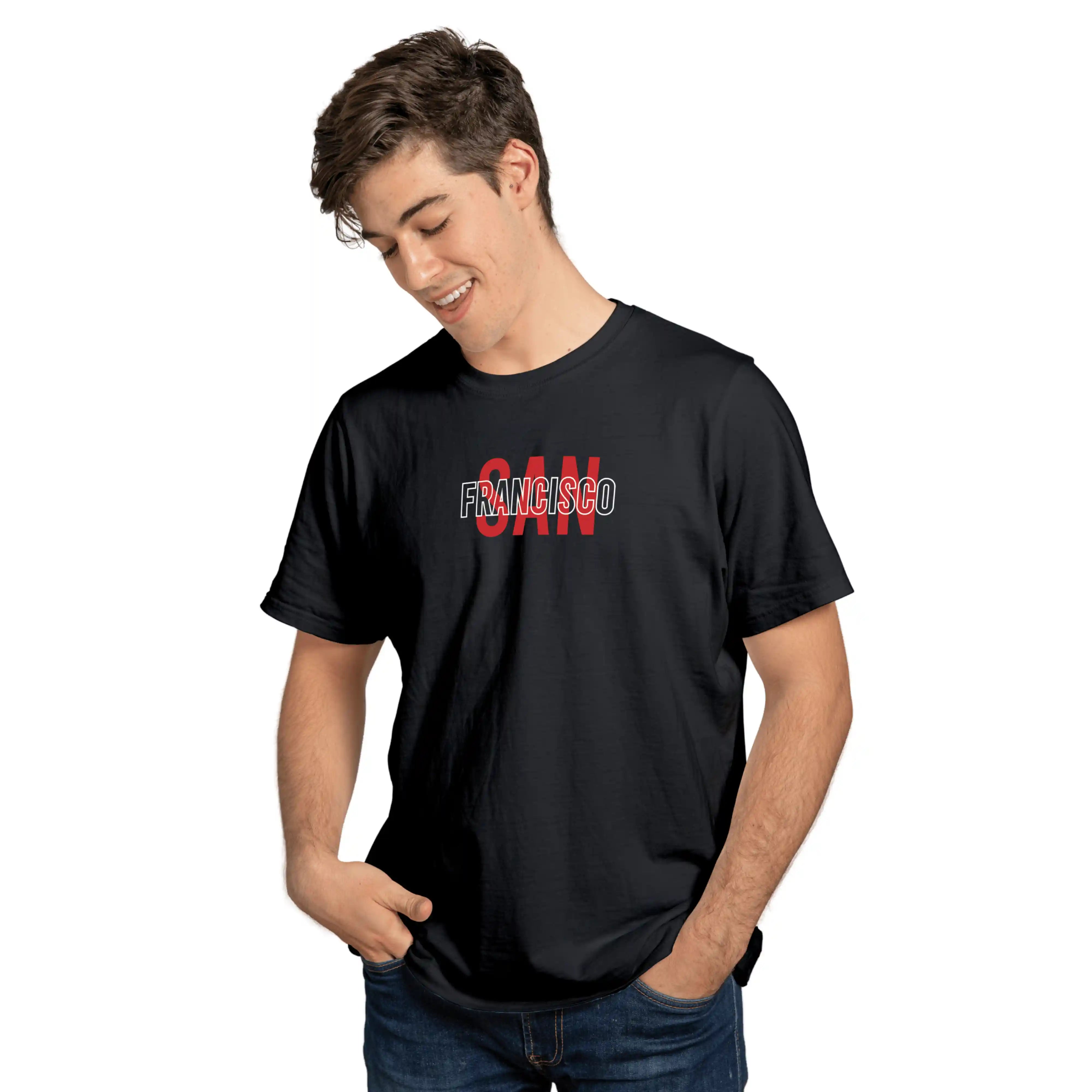 Person wearing a black t-shirt with 'San Francisco' printed on it against a white background