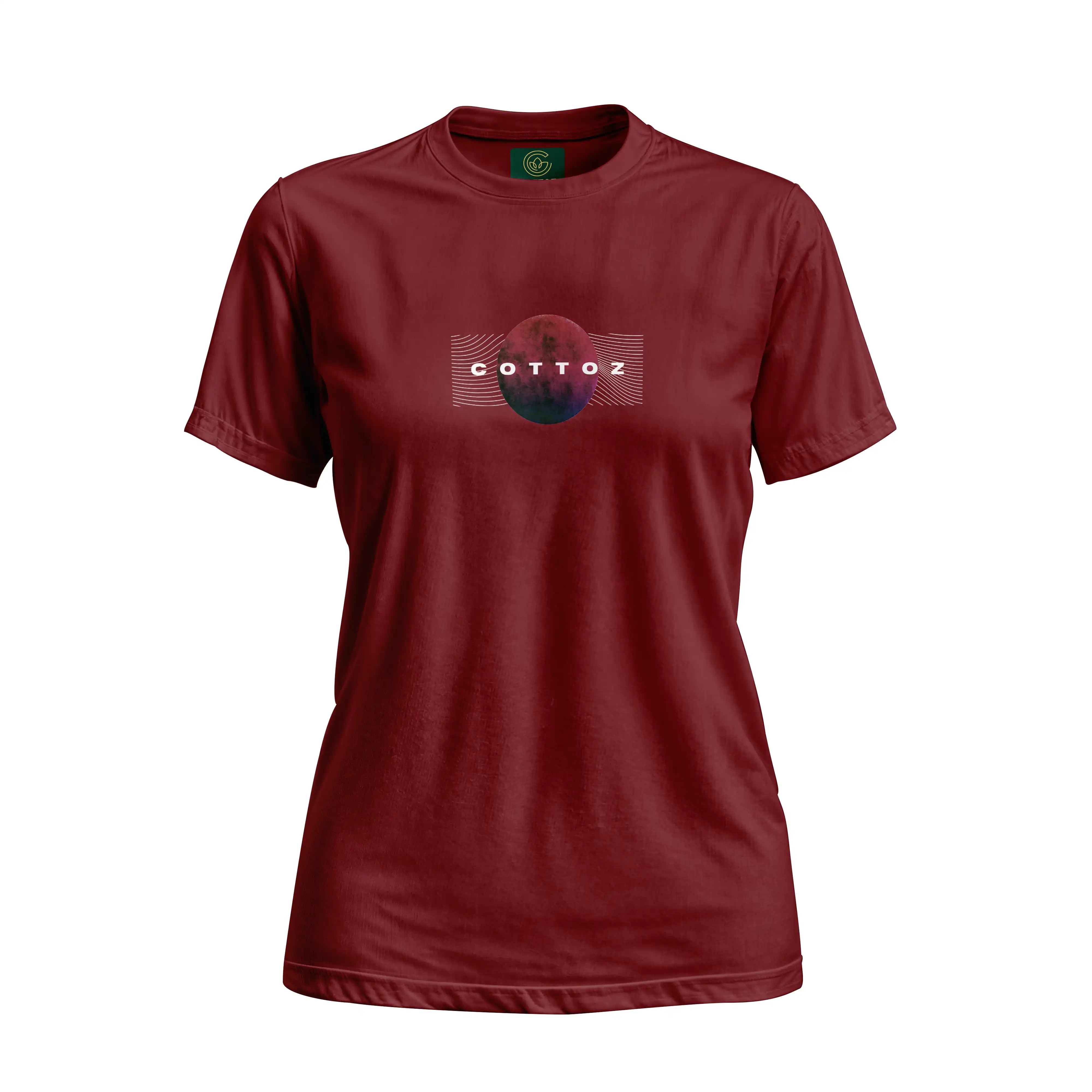 Maroon t-shirt with a logo on a white background
