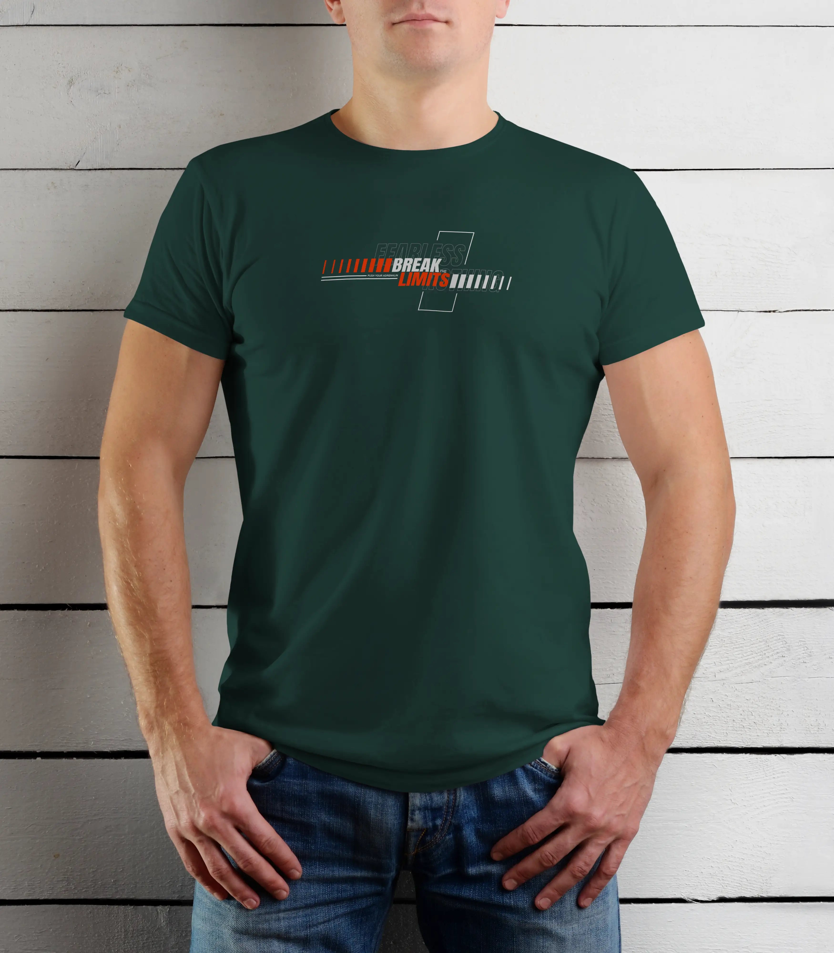 Person wearing a green t-shirt with a logo against a wooden background