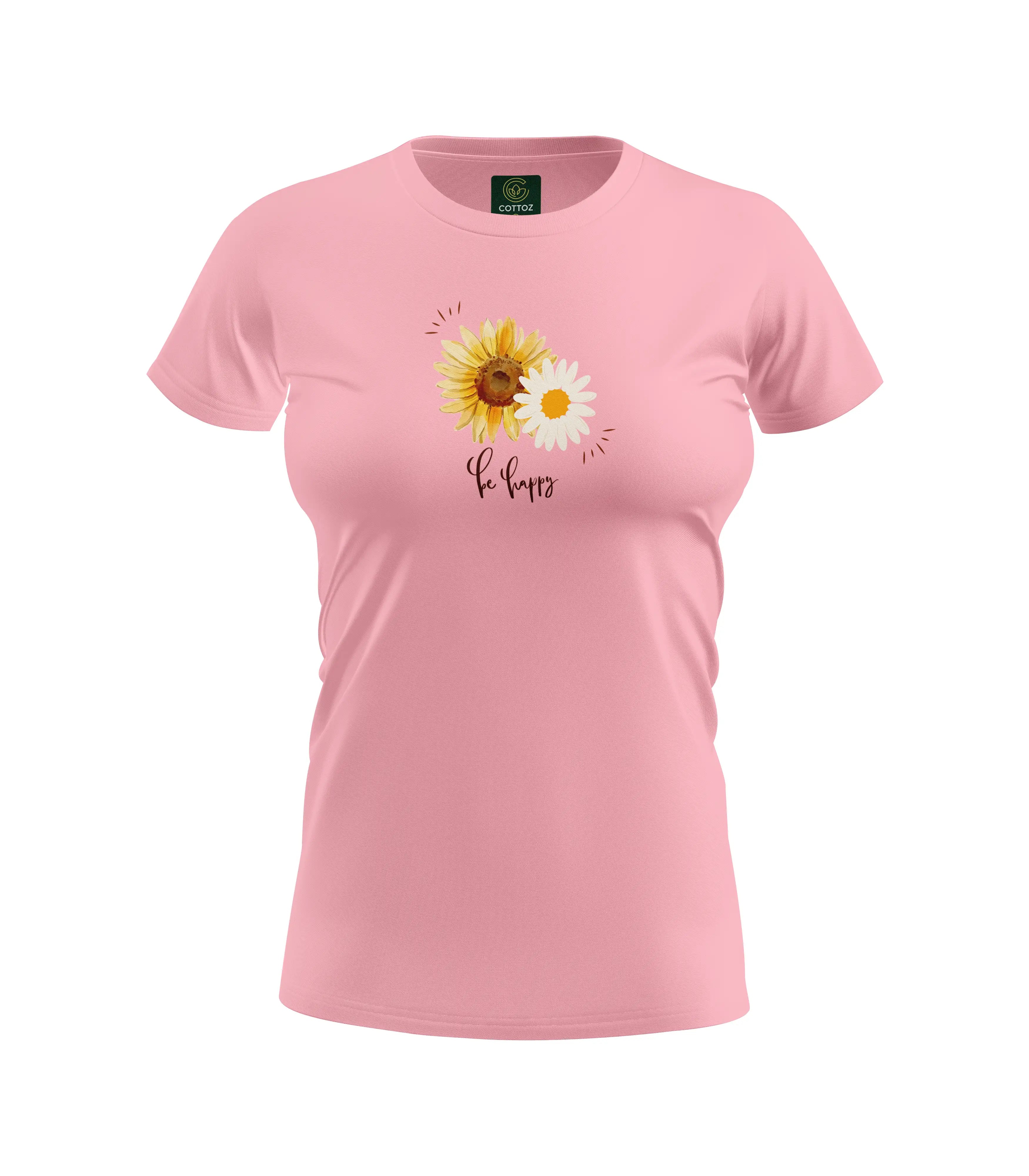 Pink t-shirt with sunflower design and text on a white background