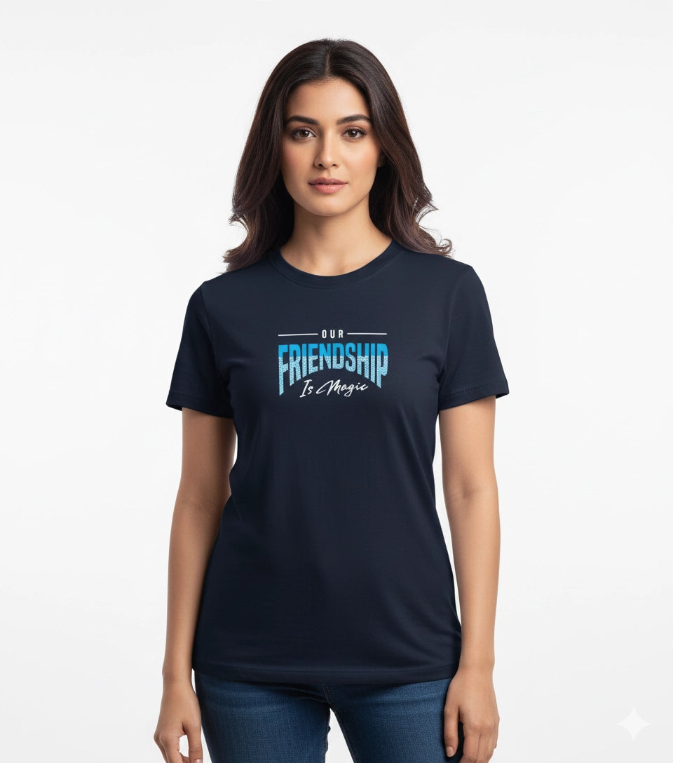 Woman wearing a navy blue t-shirt with 'Our Friendship is Magic' text on a white background
