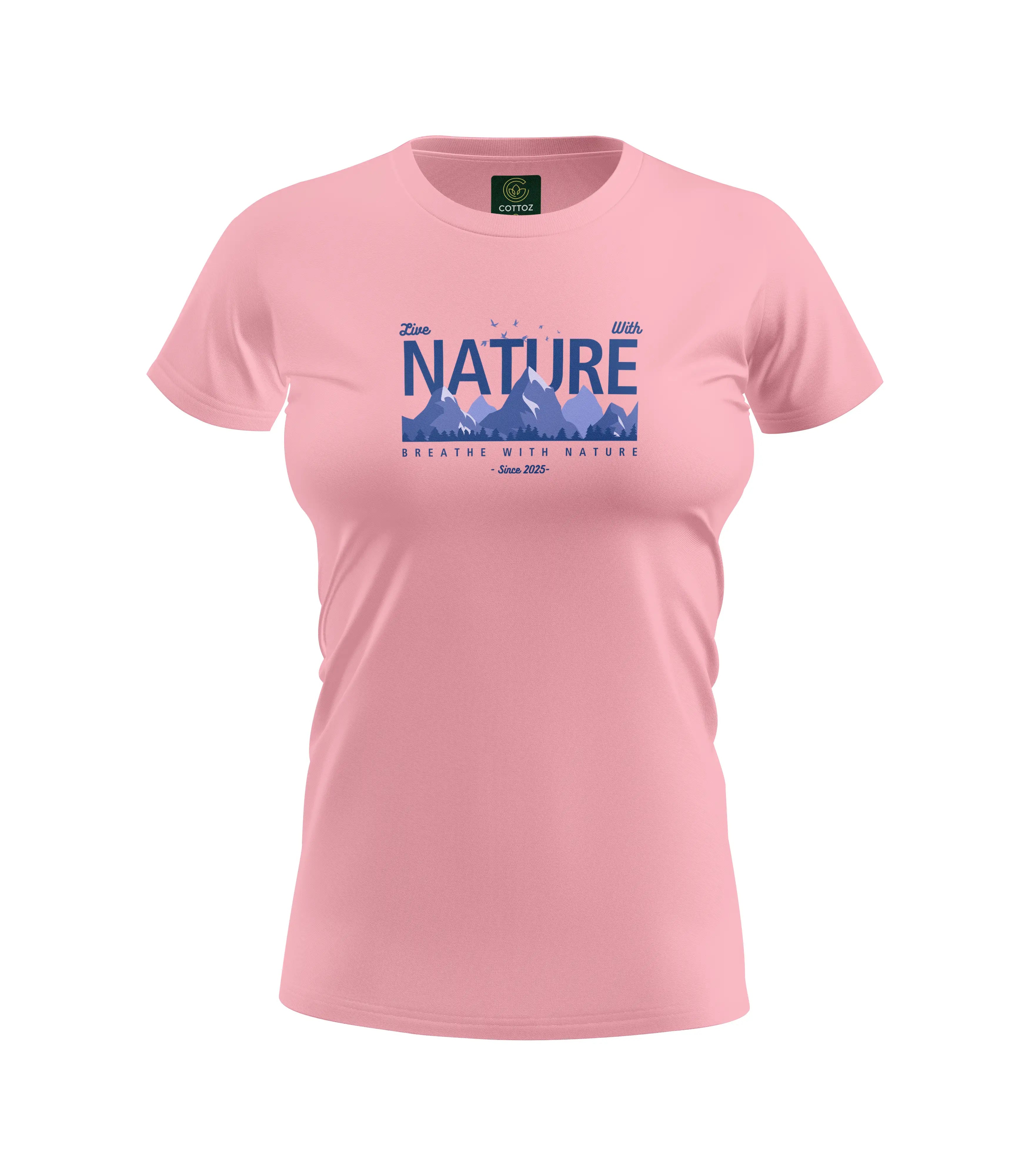 Pink t-shirt with nature-themed design on a white background