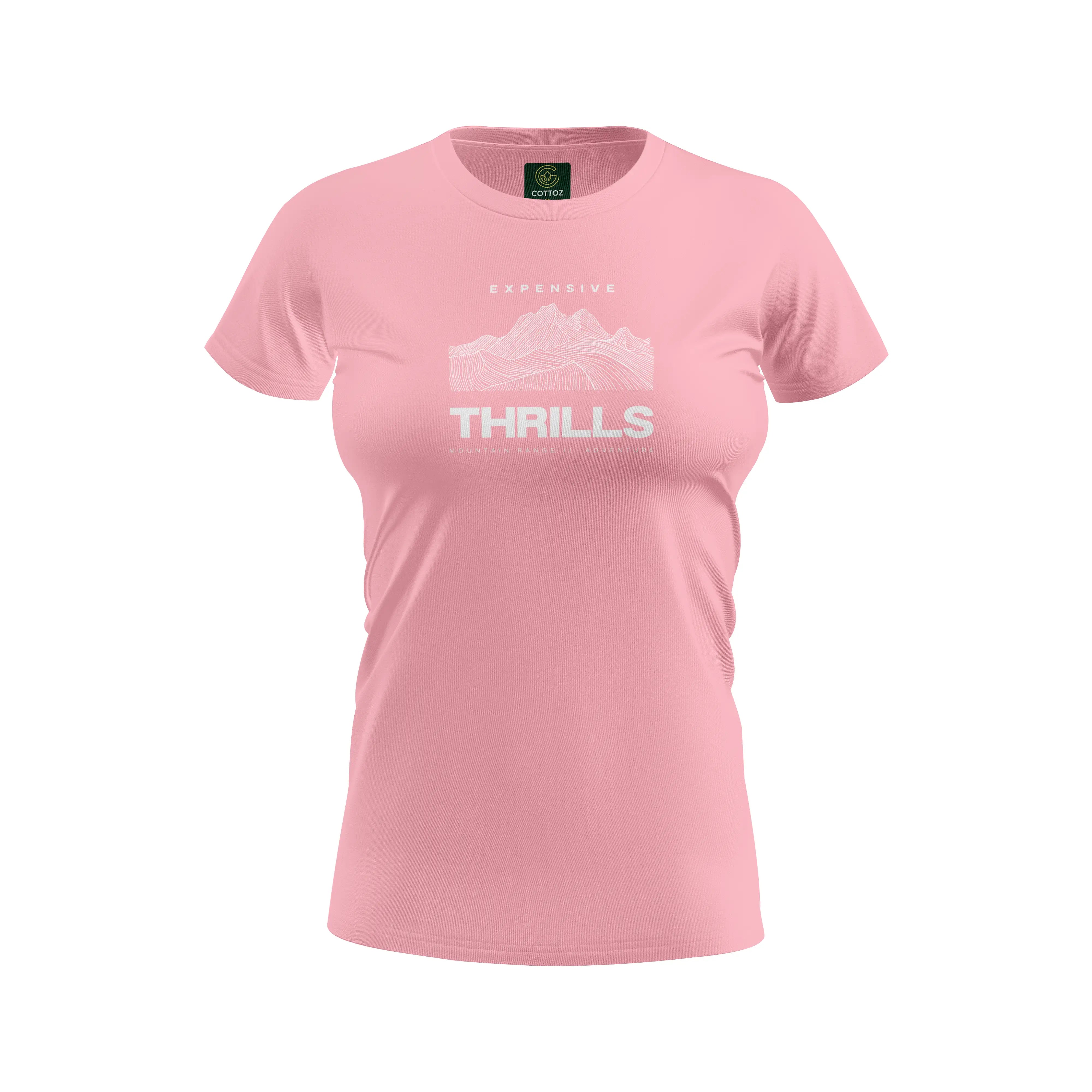 Pink t-shirt with 'Thrills' text and mountain graphic on a white background